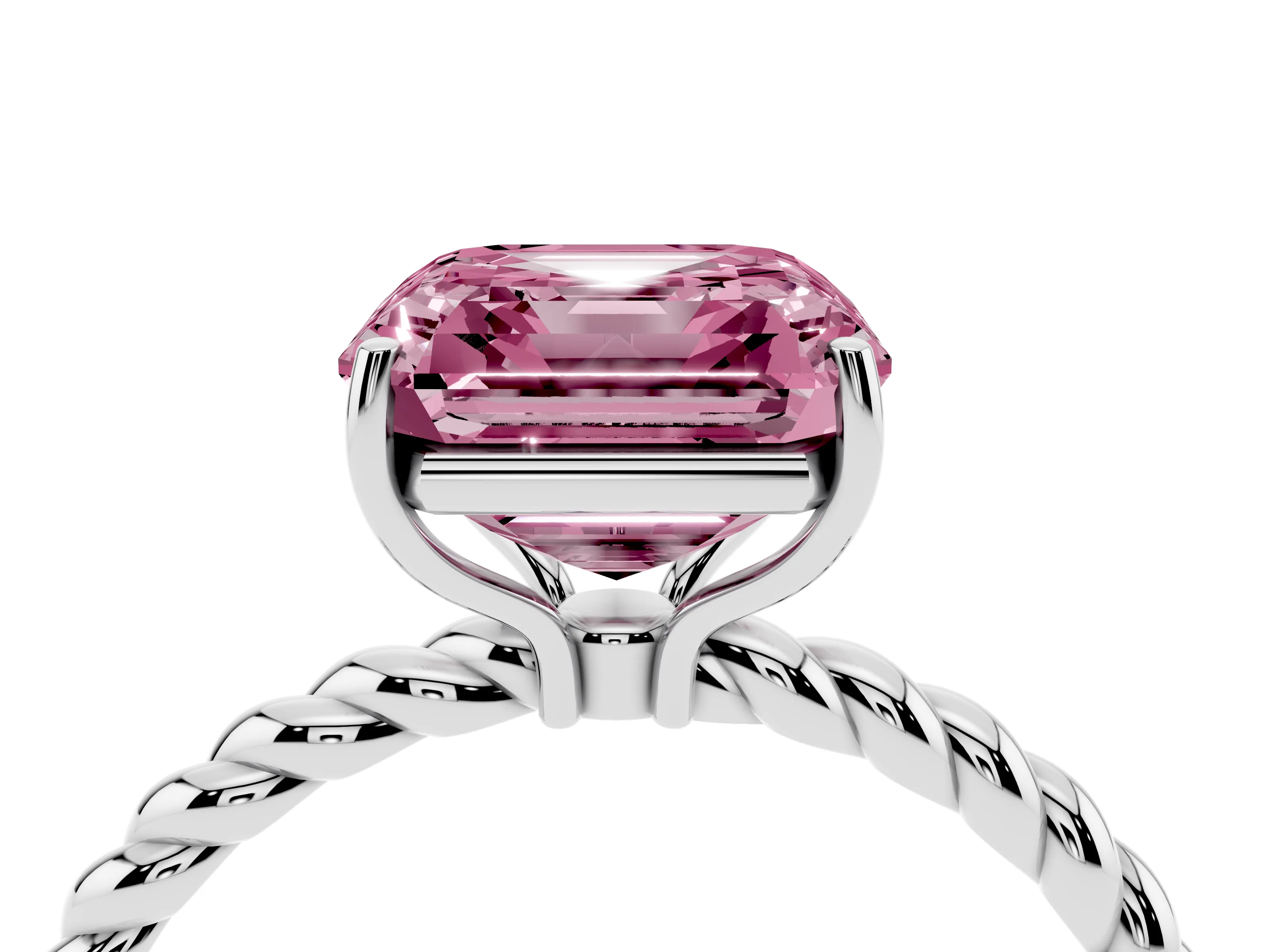 Fancy Pink Asscher Cut Diamond Solitaire Ring Set in White gold with Twist Band and Prong Setting