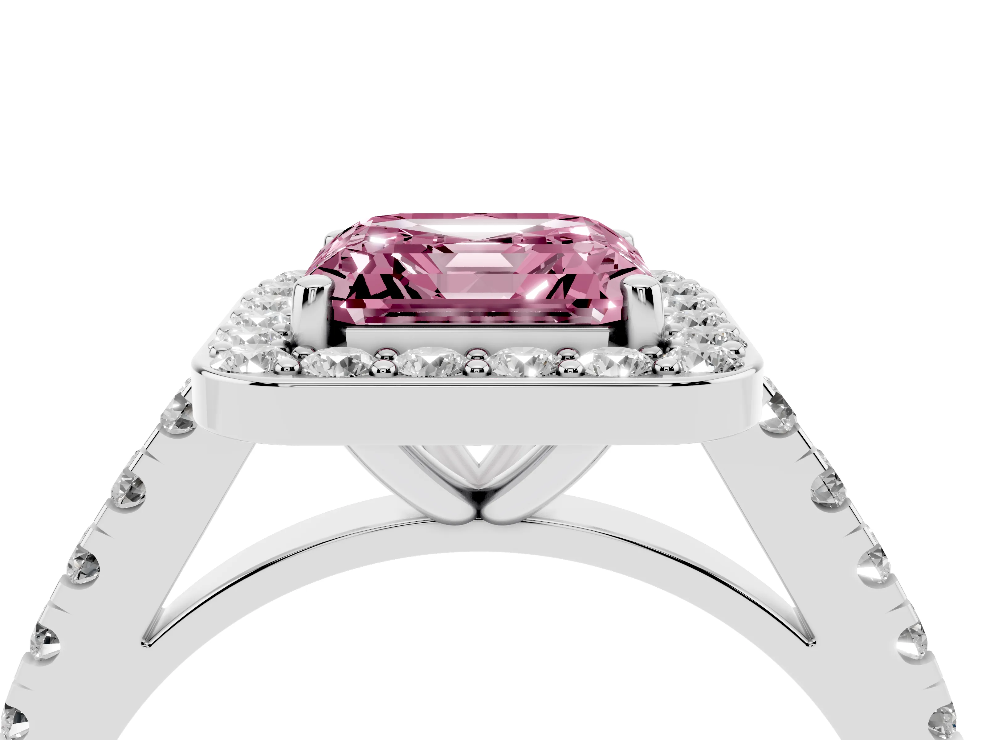 Fancy Pink Asscher Cut Diamond Halo Ring Set in Platinum with Round Pavé Split Shank and Prong Setting