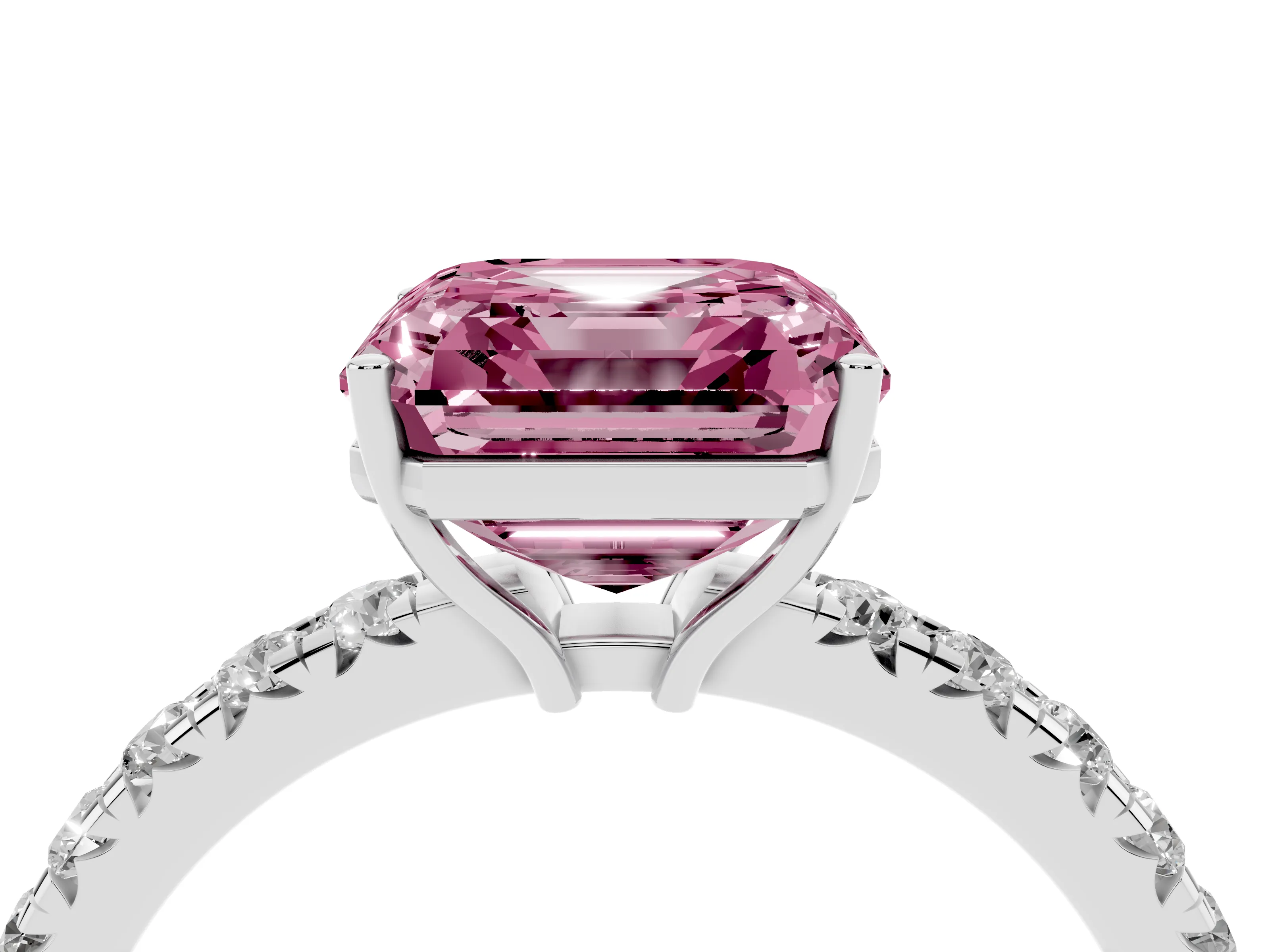 Fancy Pink Asscher Cut Diamond Pavé Solitaire Engagement Ring Set in Platinum with Prong Setting