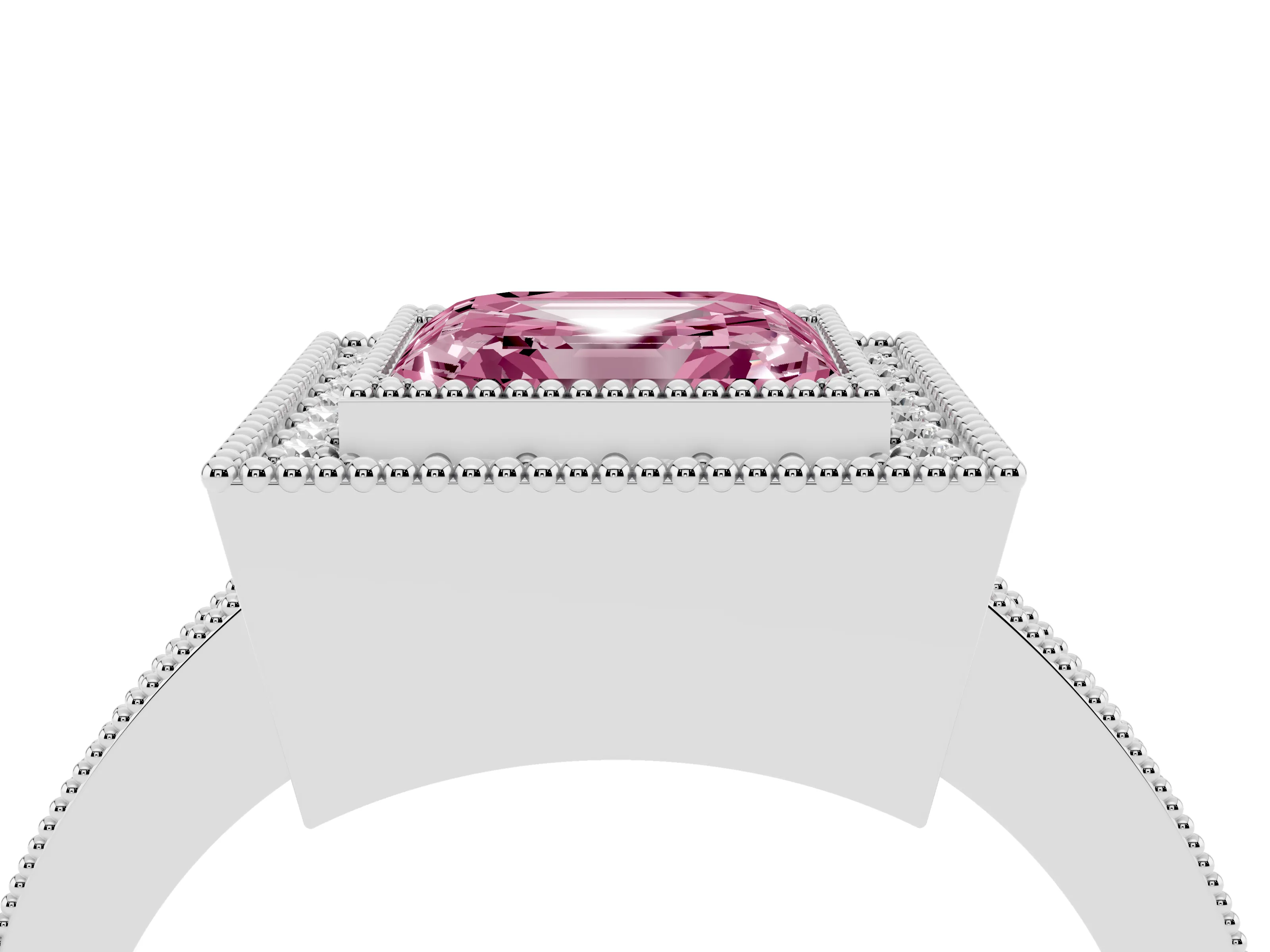 Fancy Pink Asscher Cut Diamond Halo Engagement Ring Set in White gold with Pavé Band and Round Halo Stones