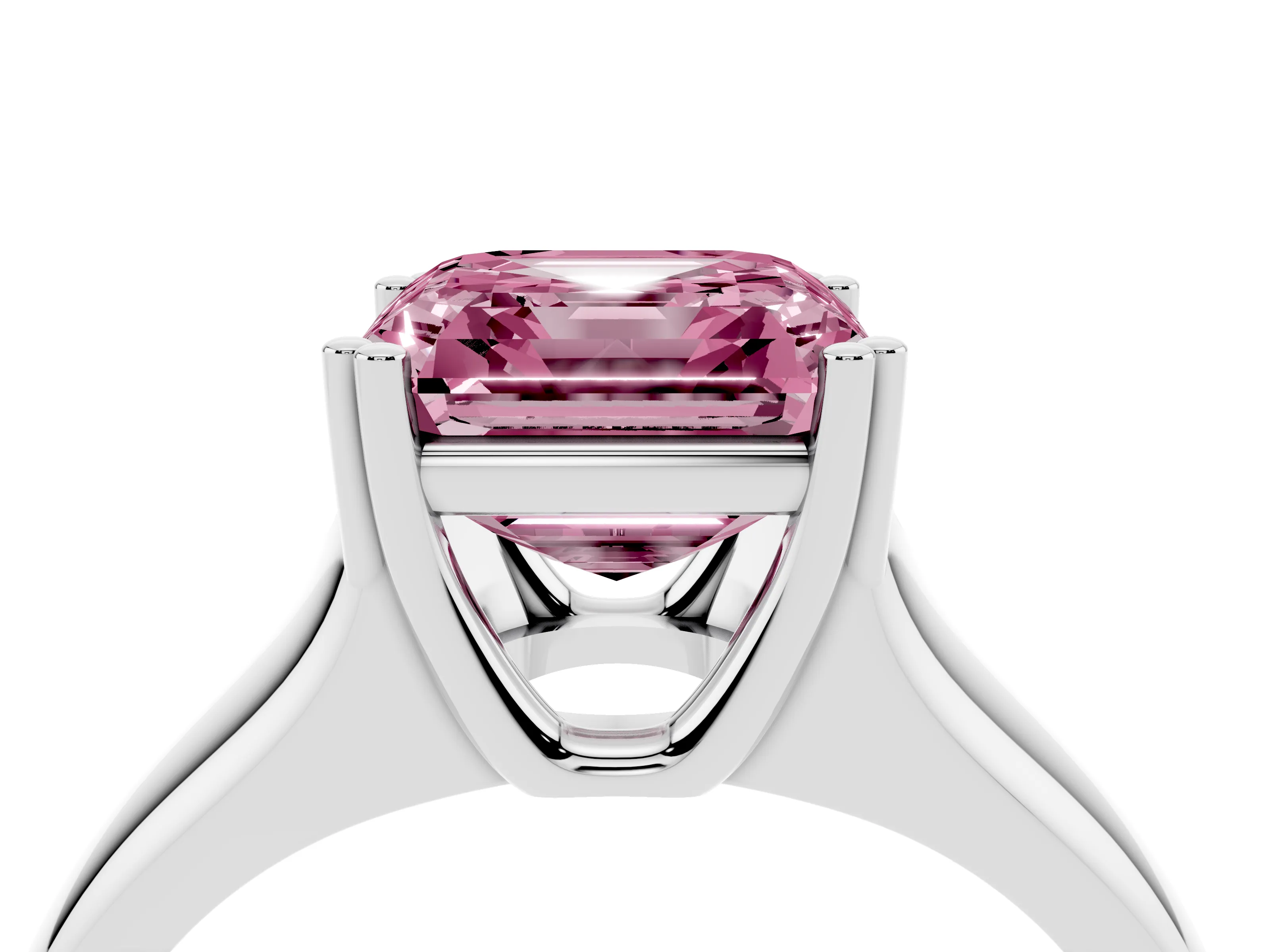 Fancy Pink Asscher Cut Diamond Solitaire Ring Set in Platinum with Wide Band and Prong Setting