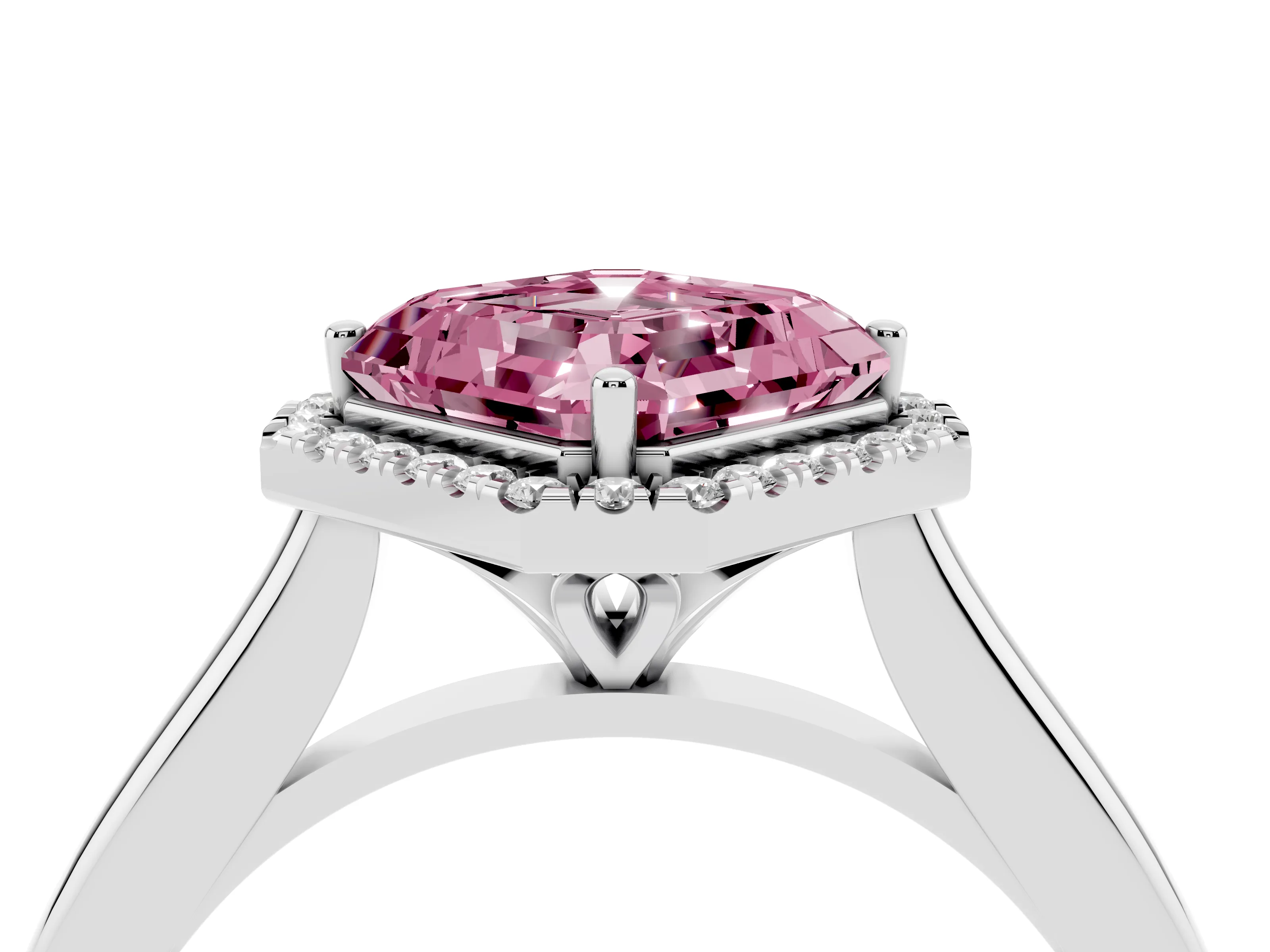 Fancy Pink Asscher Cut Diamond Halo Engagement Ring Set in White gold with Pavé Band and Rising Shoulders