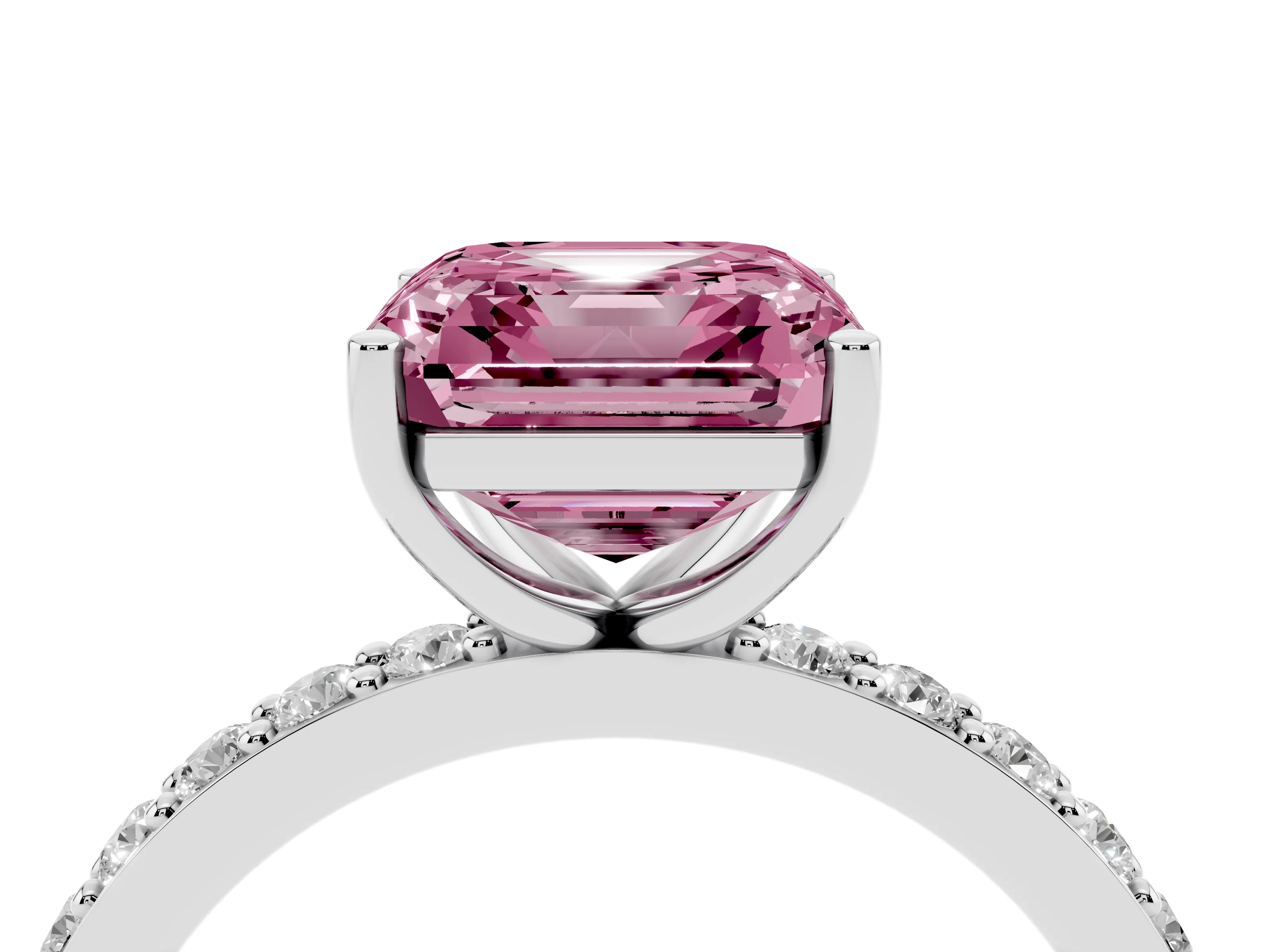 Fancy Pink Asscher Cut Diamond Solitaire Set in White gold with Round Pavé Band and Prong Setting