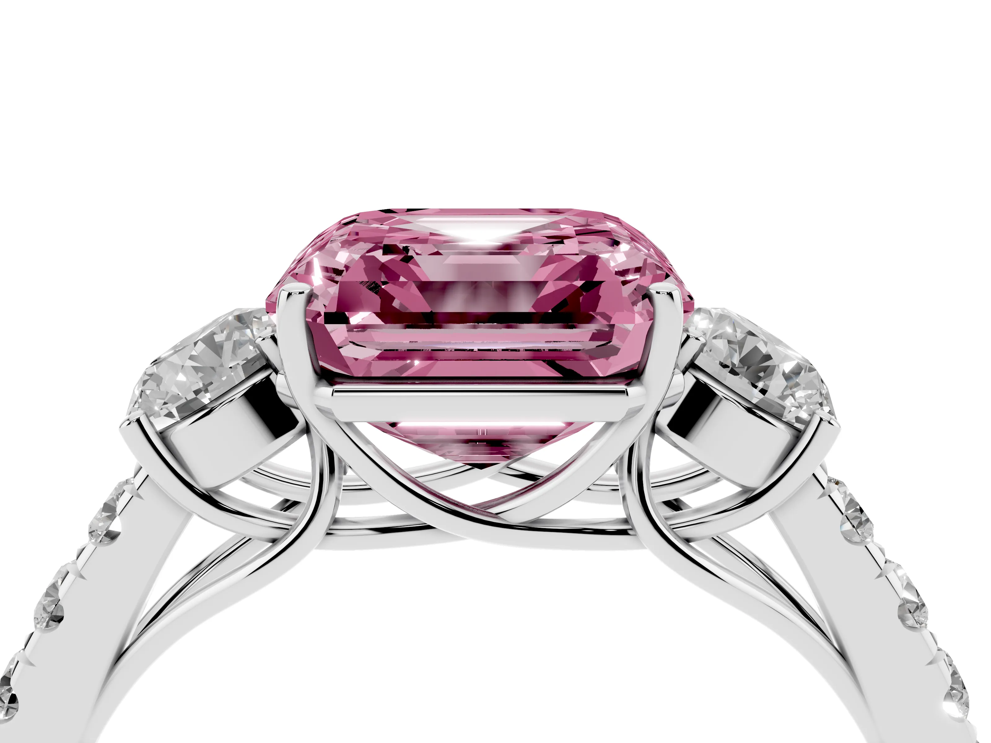 Fancy Pink Asscher Cut Diamond Three-Stone Ring Set in Platinum with Round Side Stones and Delicate Pavé Band