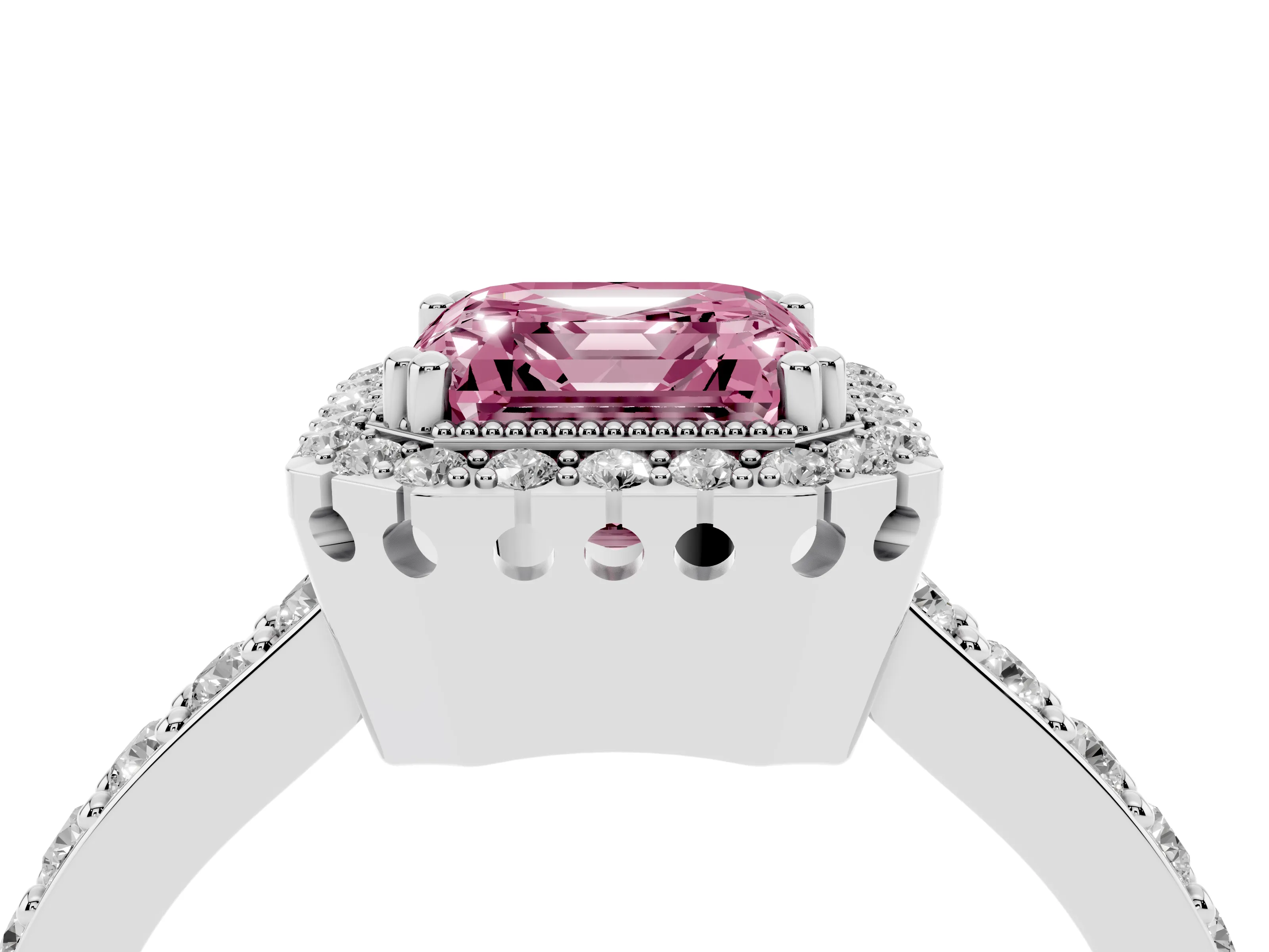 Fancy Pink Asscher Cut Diamond Halo Engagement Ring Set in White gold with Milgrain Detail and Pavé Band