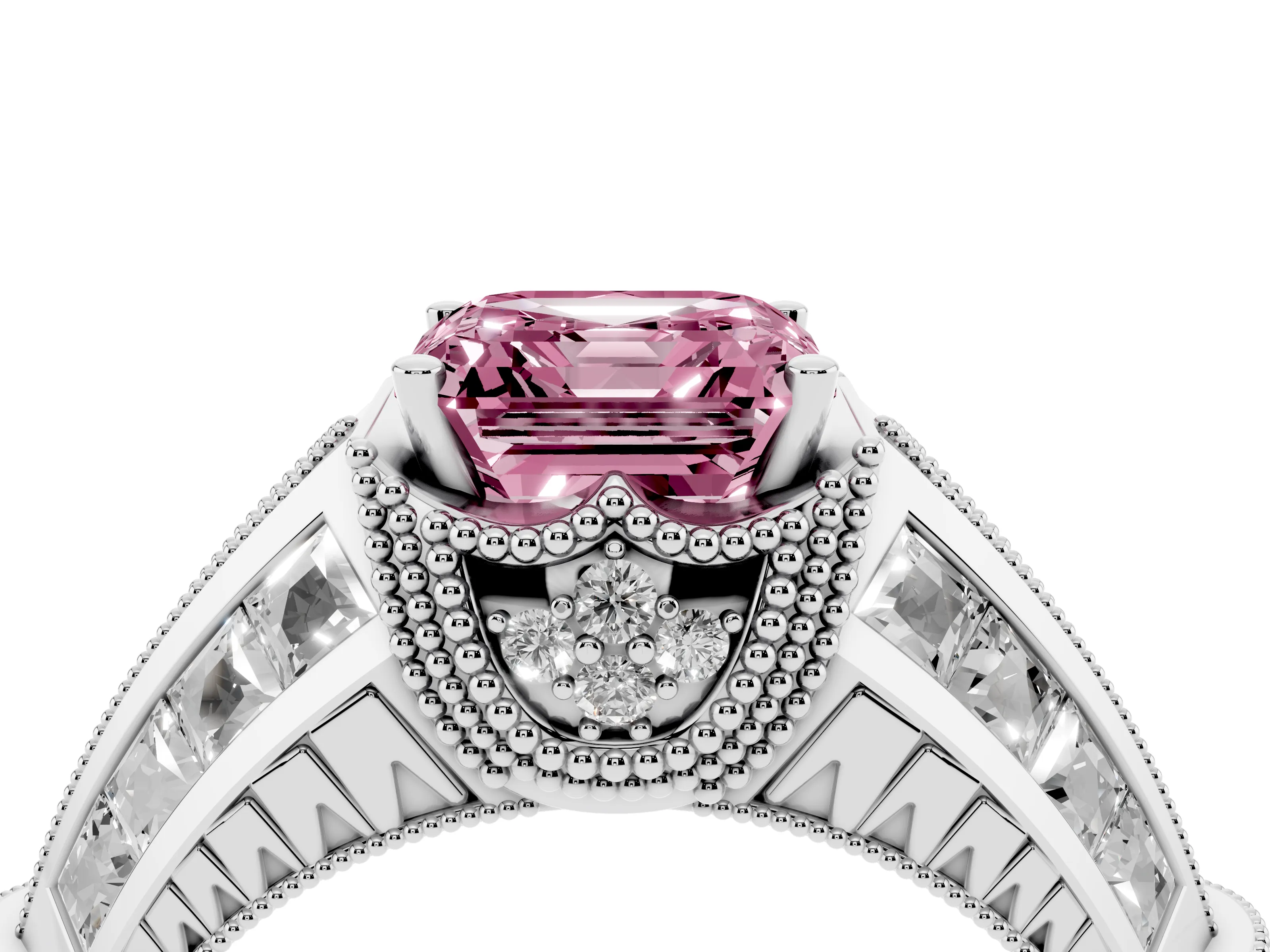 Fancy Pink Asscher Cut Diamond Vintage-Inspired Milgrain Ring Set in Platinum with Accent Split Shank
