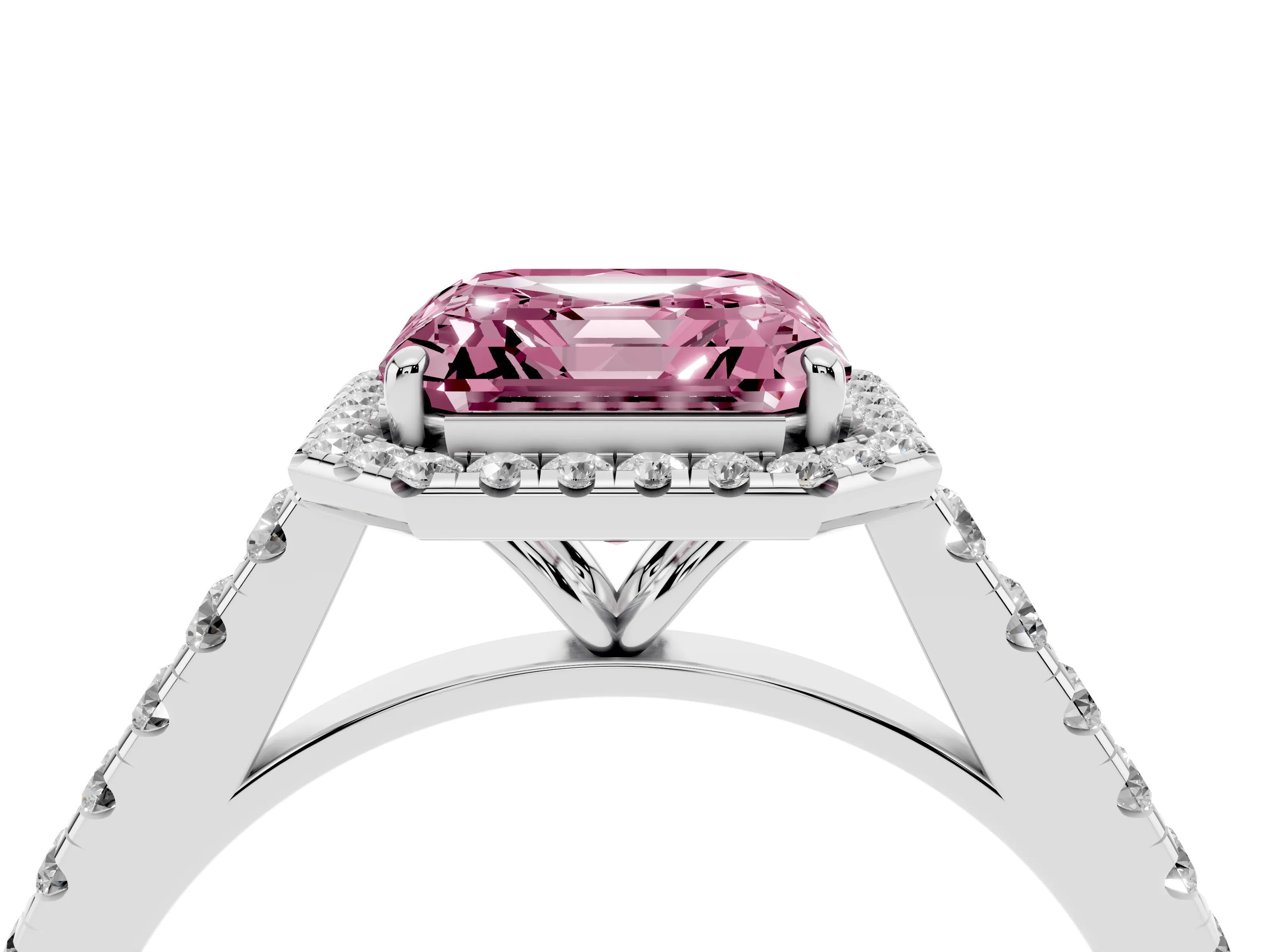 Fancy Pink Asscher Cut Diamond Halo Pavé Engagement Ring Set in White gold with Prong Setting
