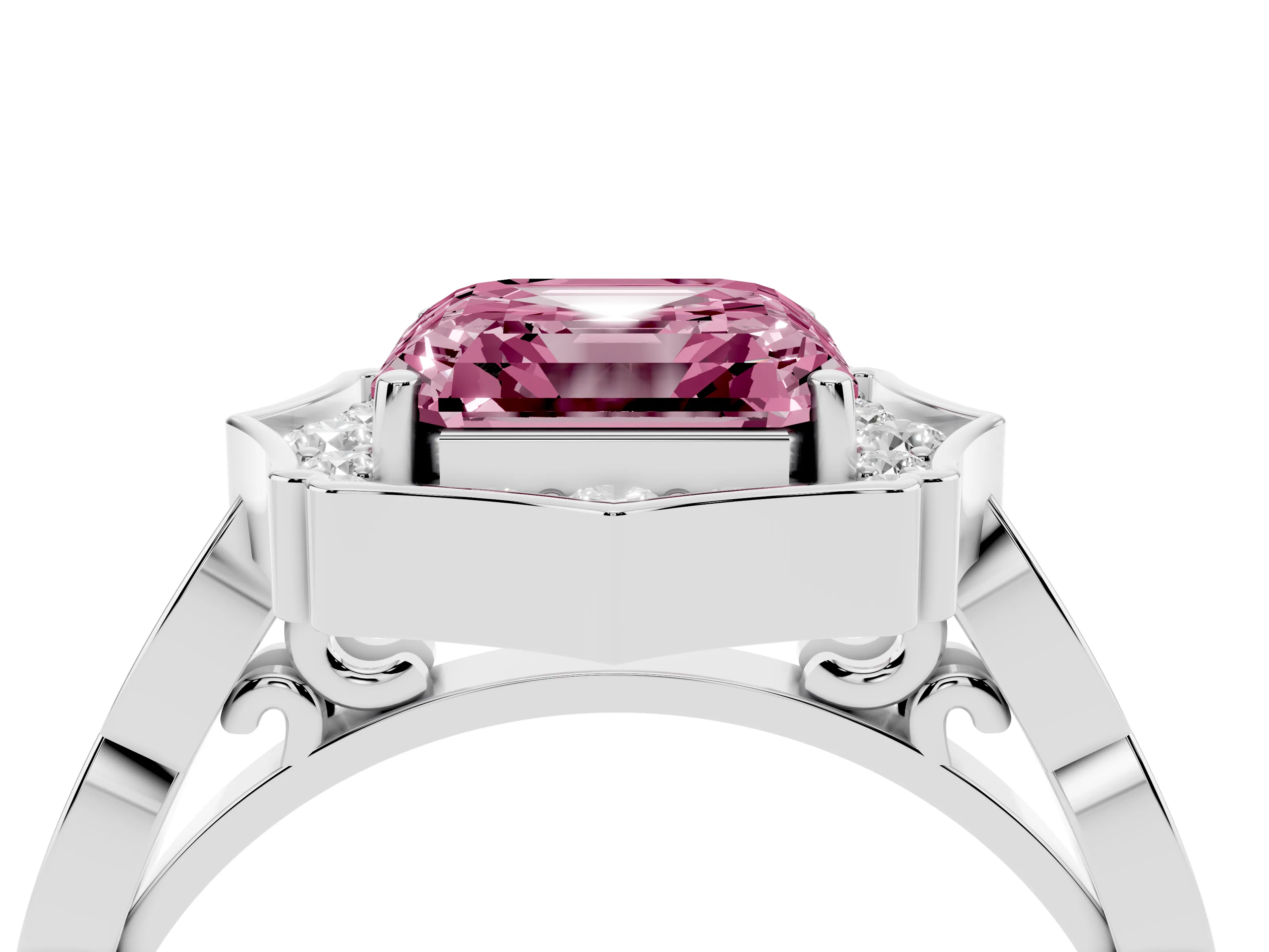 Fancy Pink Asscher Cut Diamond Halo Engagement Ring Set in Platinum with Milgrain Band and Prong Setting