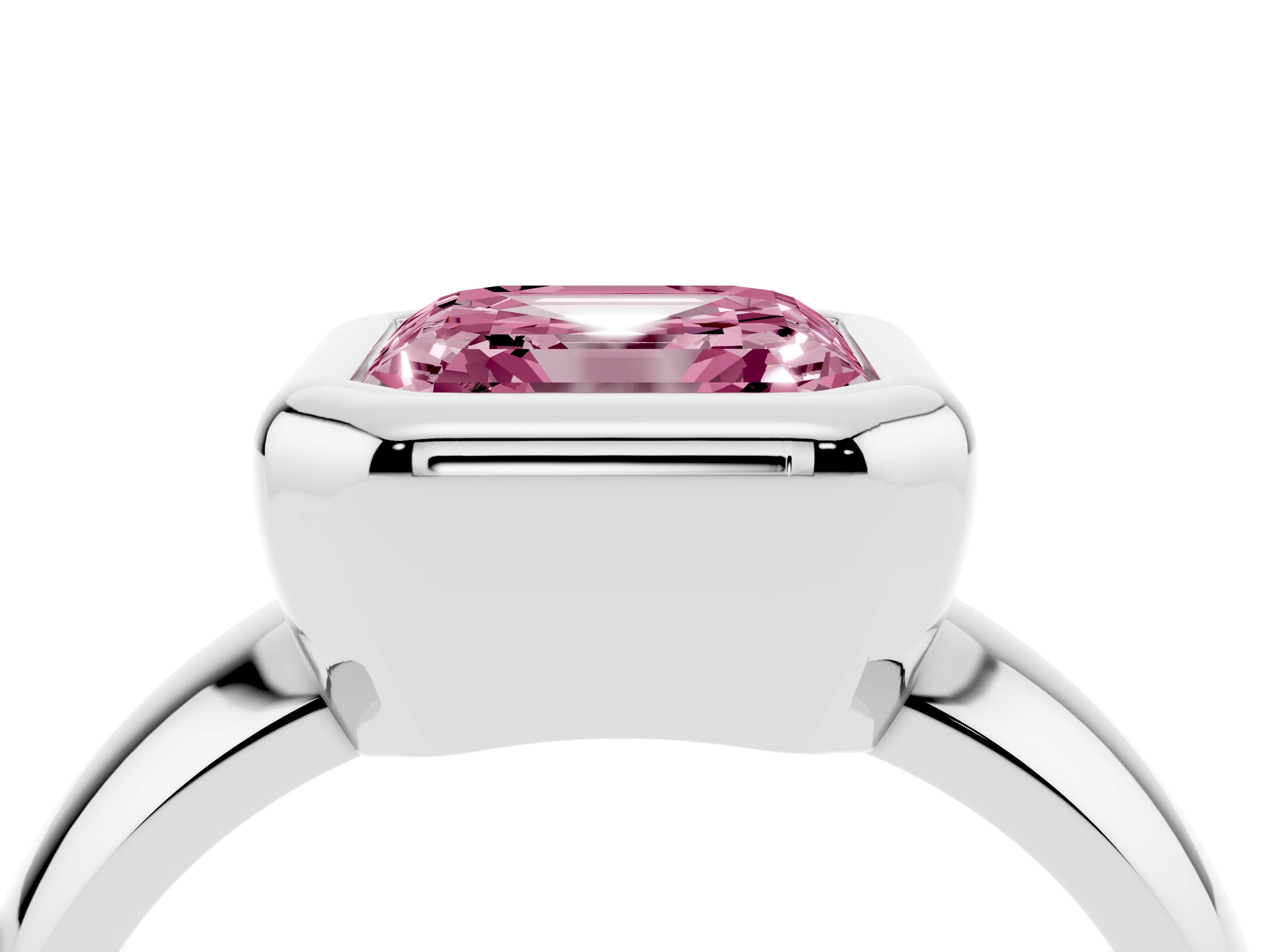 Fancy Pink Bezel Set Asscher Cut Diamond Solitaire Ring Set in Platinum with Wide Band