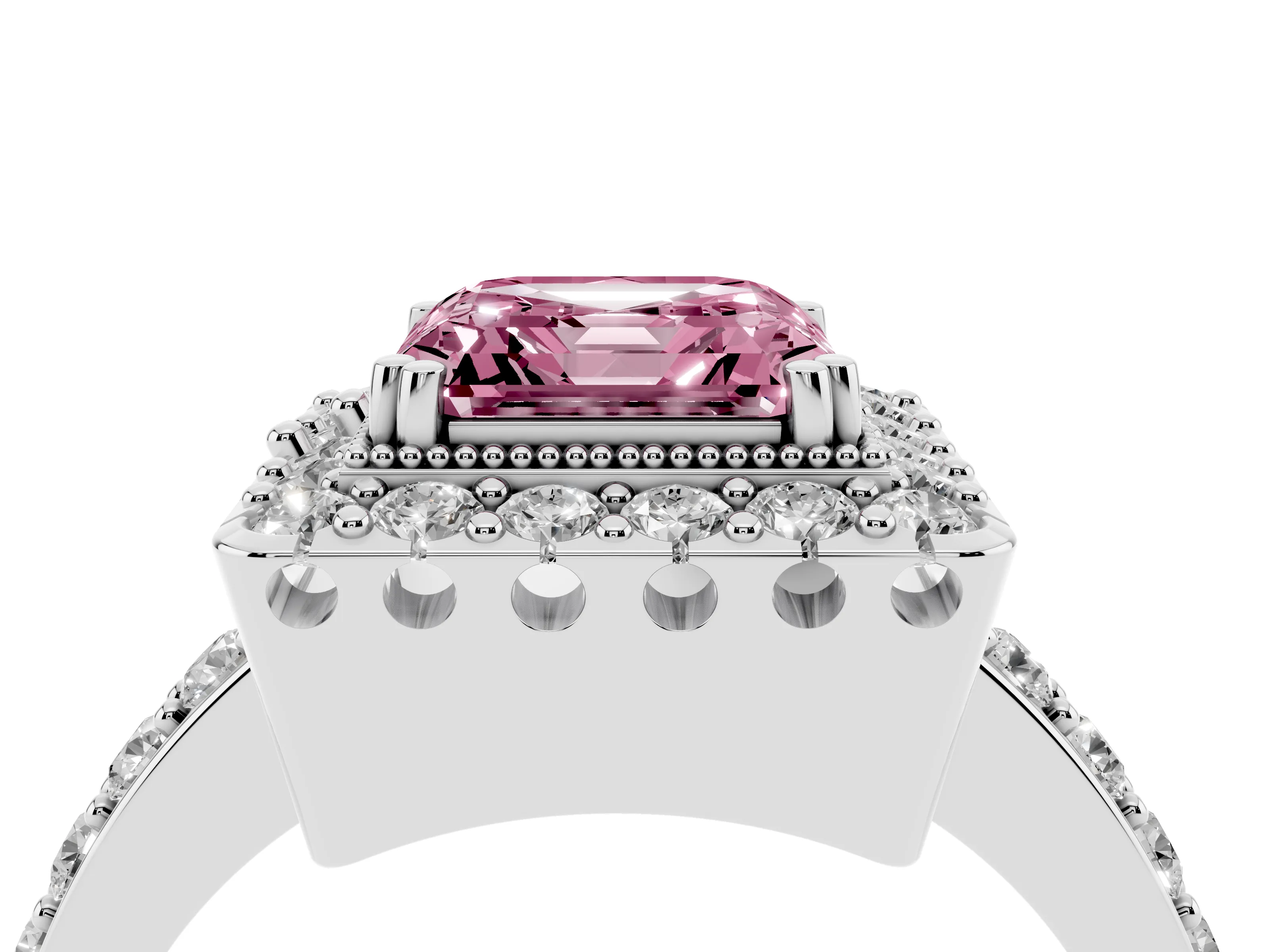 Fancy Pink Asscher Cut Diamond Halo Ring Set in Platinum with Pavé Shank and Prong Setting