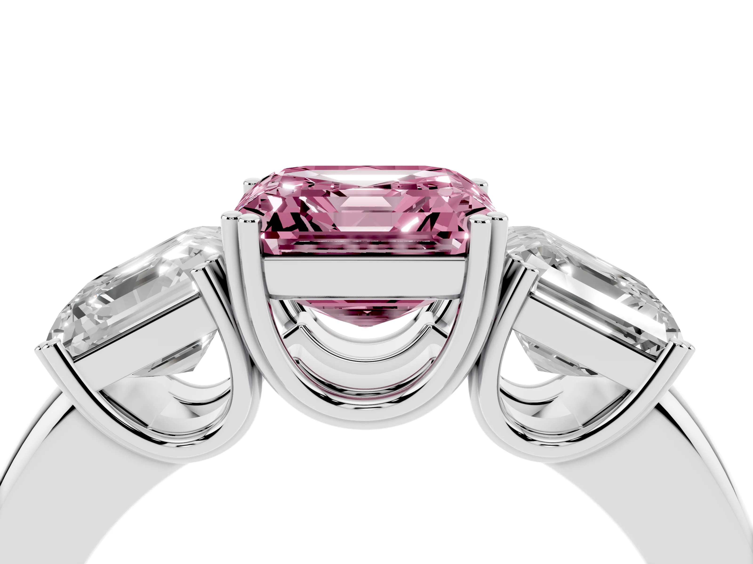 Fancy Pink Asscher Cut Diamond Three-Stone Ring Set in Silver with Polished Band and Prong Setting