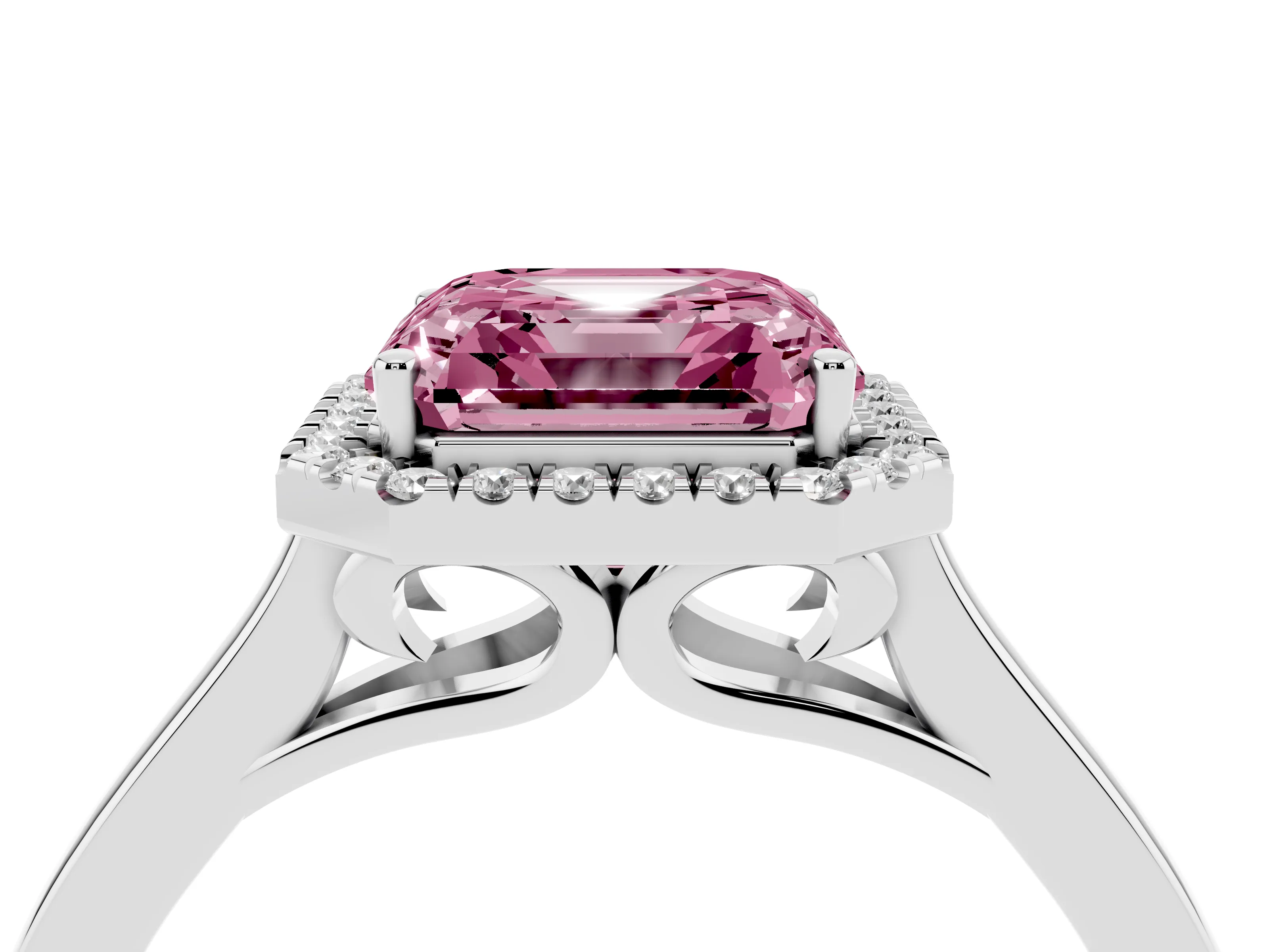 Fancy Pink Asscher Cut Halo Round Diamond Solitaire Ring Set in Silver with Pavé Band and Prong Setting