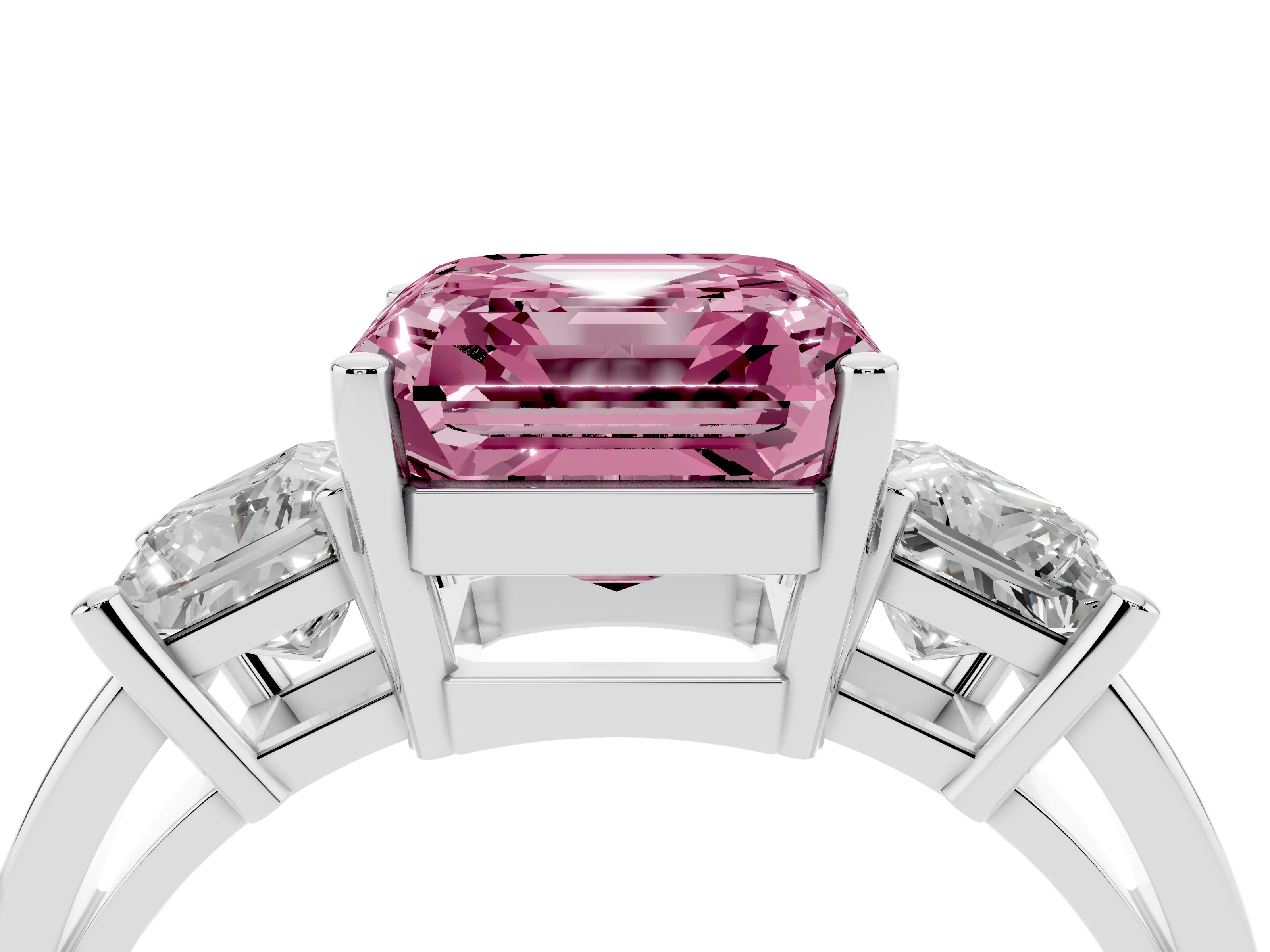 Fancy Pink Three-Stone Asscher Cut Diamond Solitaire Ring Set in Silver with Prong Setting