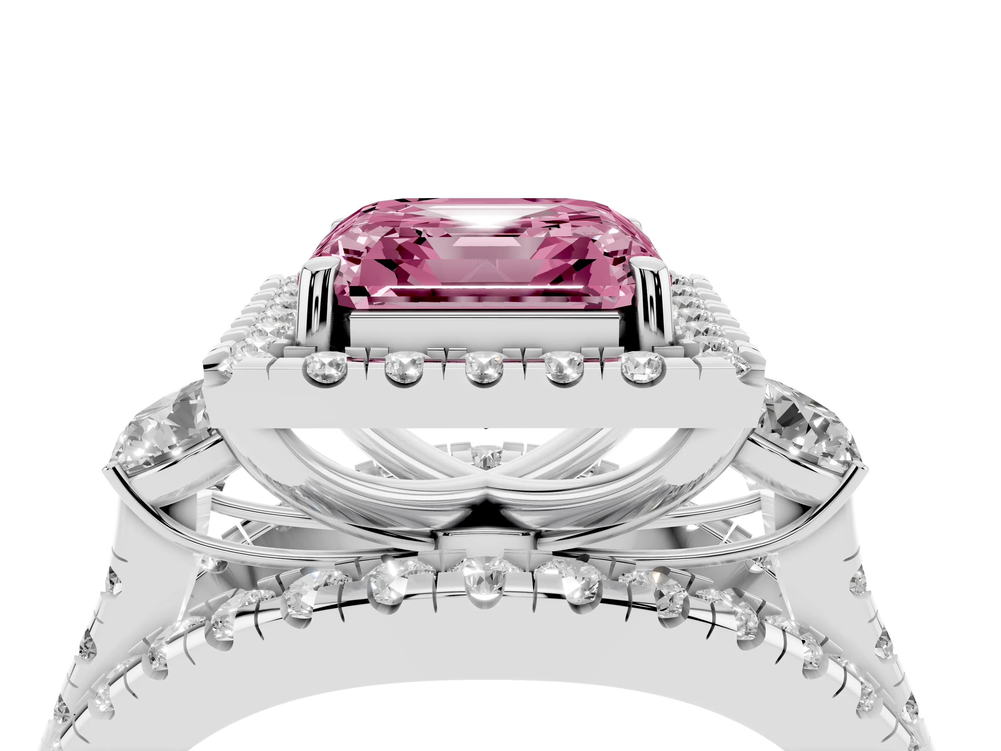Fancy Pink Asscher Cut Diamond Halo Split Shank Ring Set in White gold with Round Accent Stones and Prong Setting