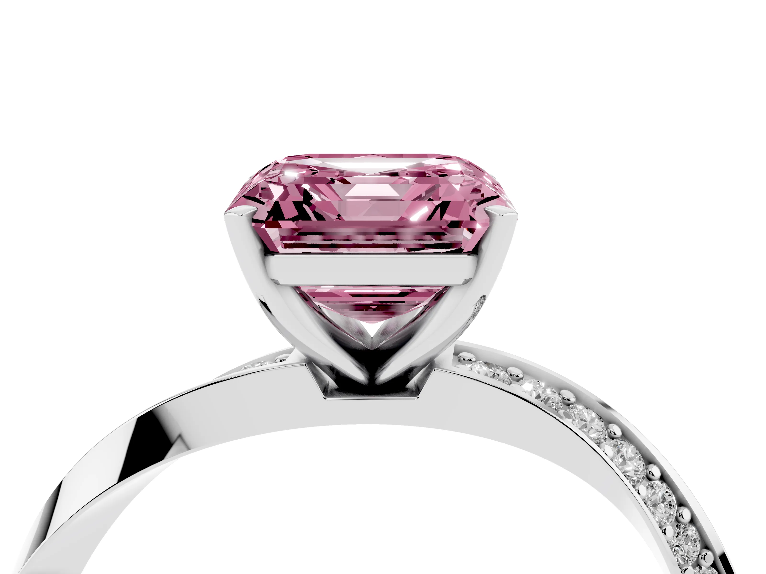 Fancy Pink Asscher Cut Diamond Engagement Ring Set in White gold with Side Stone Accents and Prong Setting
