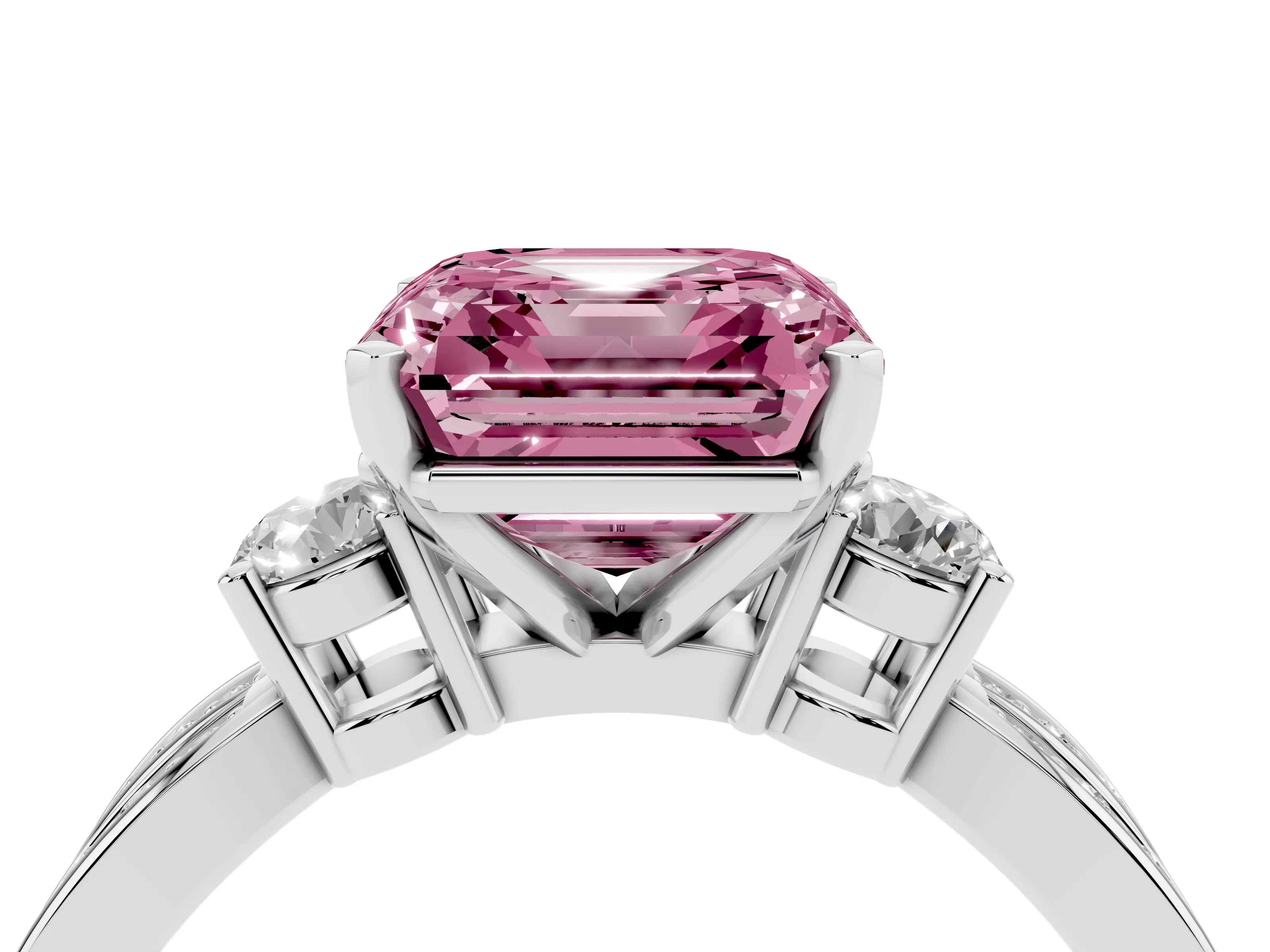Fancy Pink Three-Stone Asscher Cut Diamond Twist Band Ring Set in Silver with Pavé Accents and Prong Setting
