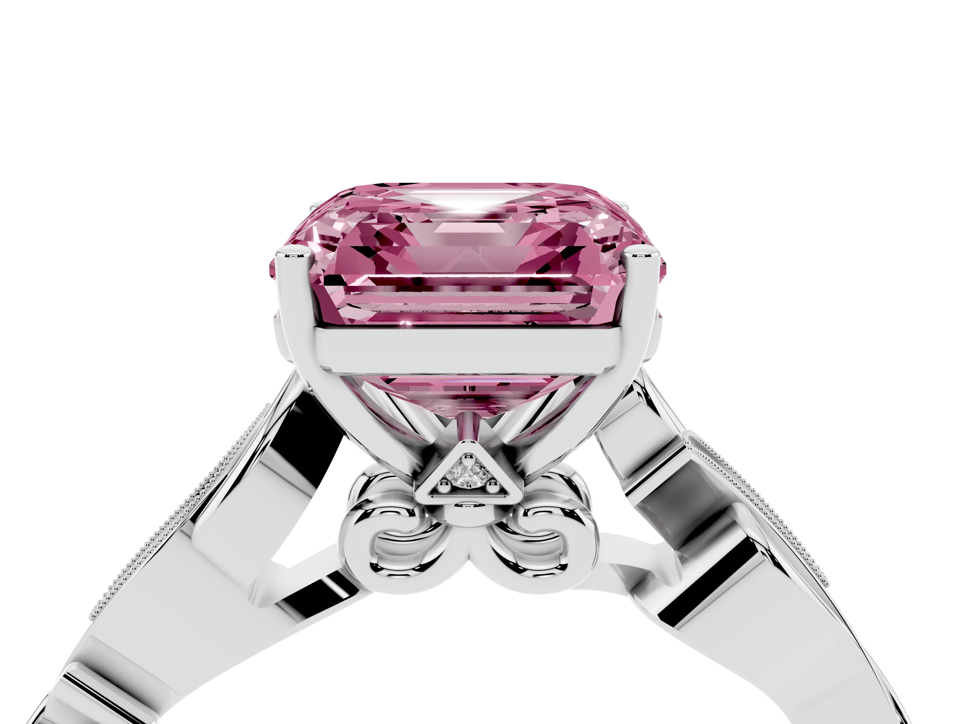 Fancy Pink Asscher Cut Diamond Vine Band Solitaire Ring Set in White gold with Milgrain Prong Setting