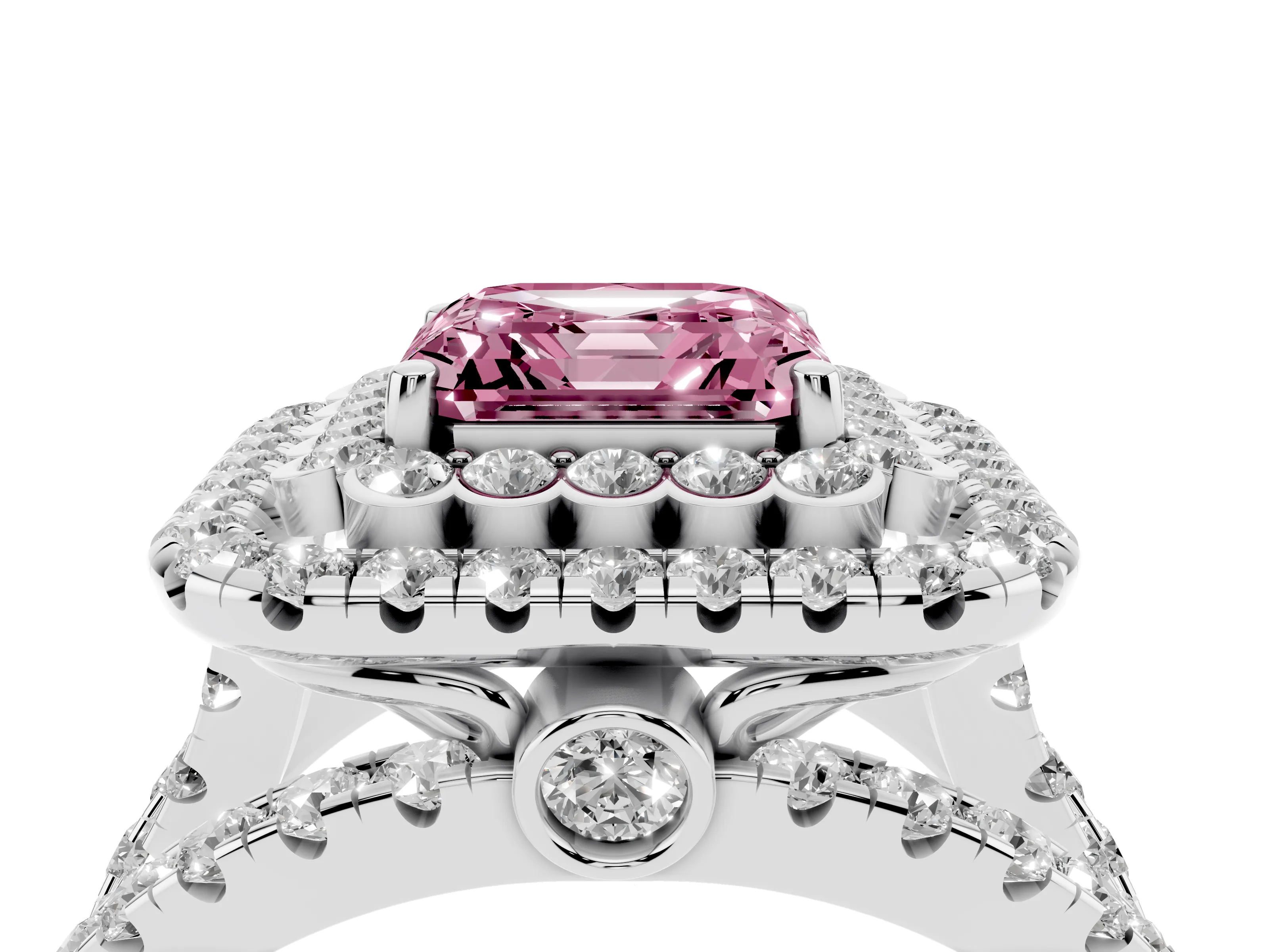 Fancy Pink Asscher Cut Diamond Double Halo Ring Set in White gold with Round Pavé Split Shank