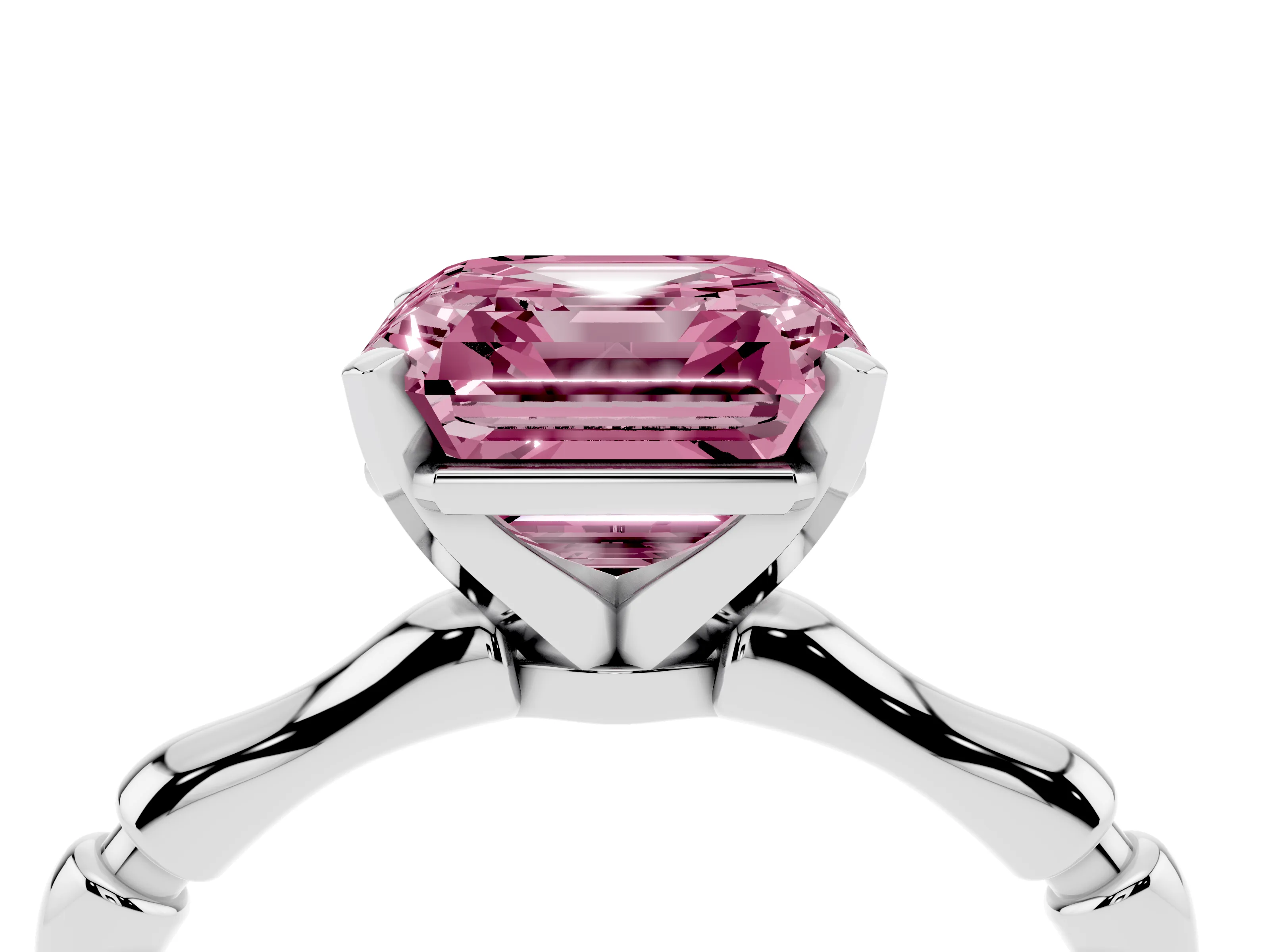 Fancy Pink Asscher Cut Diamond Solitaire Ring Set in White gold with Bamboo Band and Prong Setting