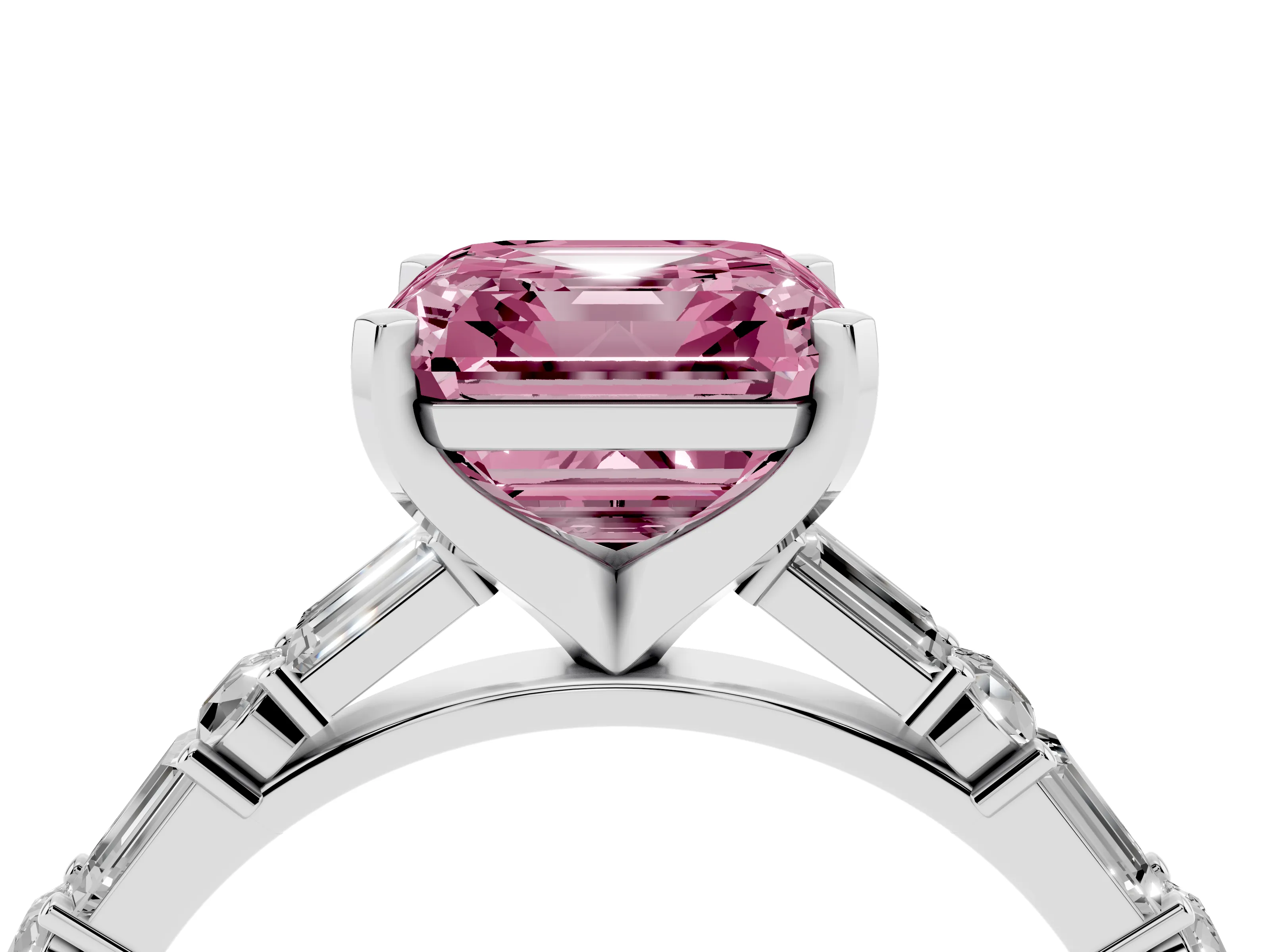 Fancy Pink Asscher Cut Diamond Solitaire Set in Silver with Side Baguettes and Channel Set Band