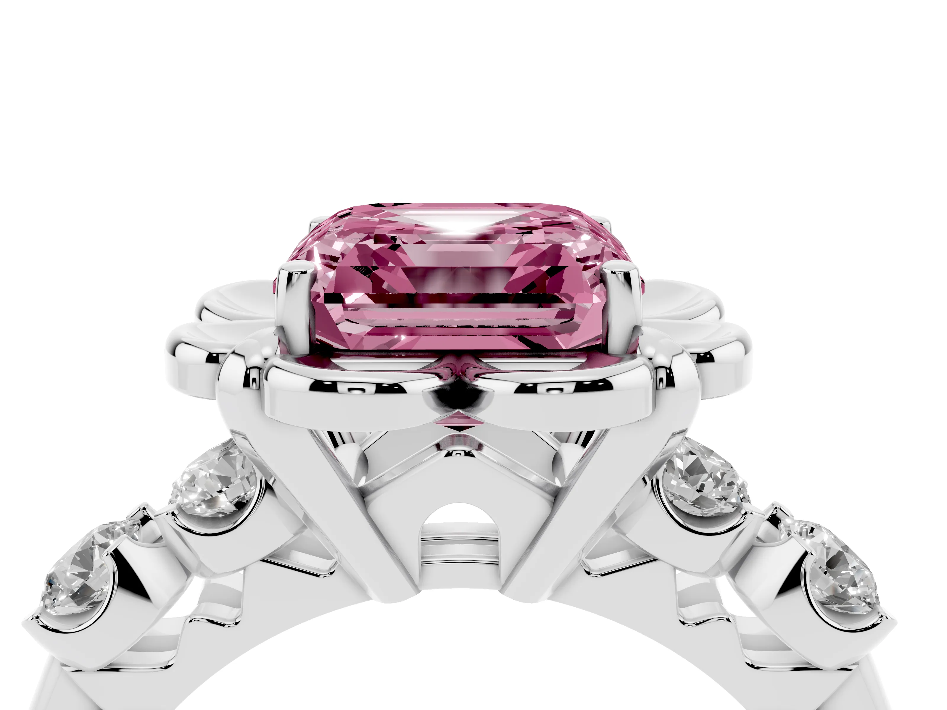 Fancy Pink Asscher Cut Diamond Floral Halo Ring Set in Platinum with Shared Prong Band