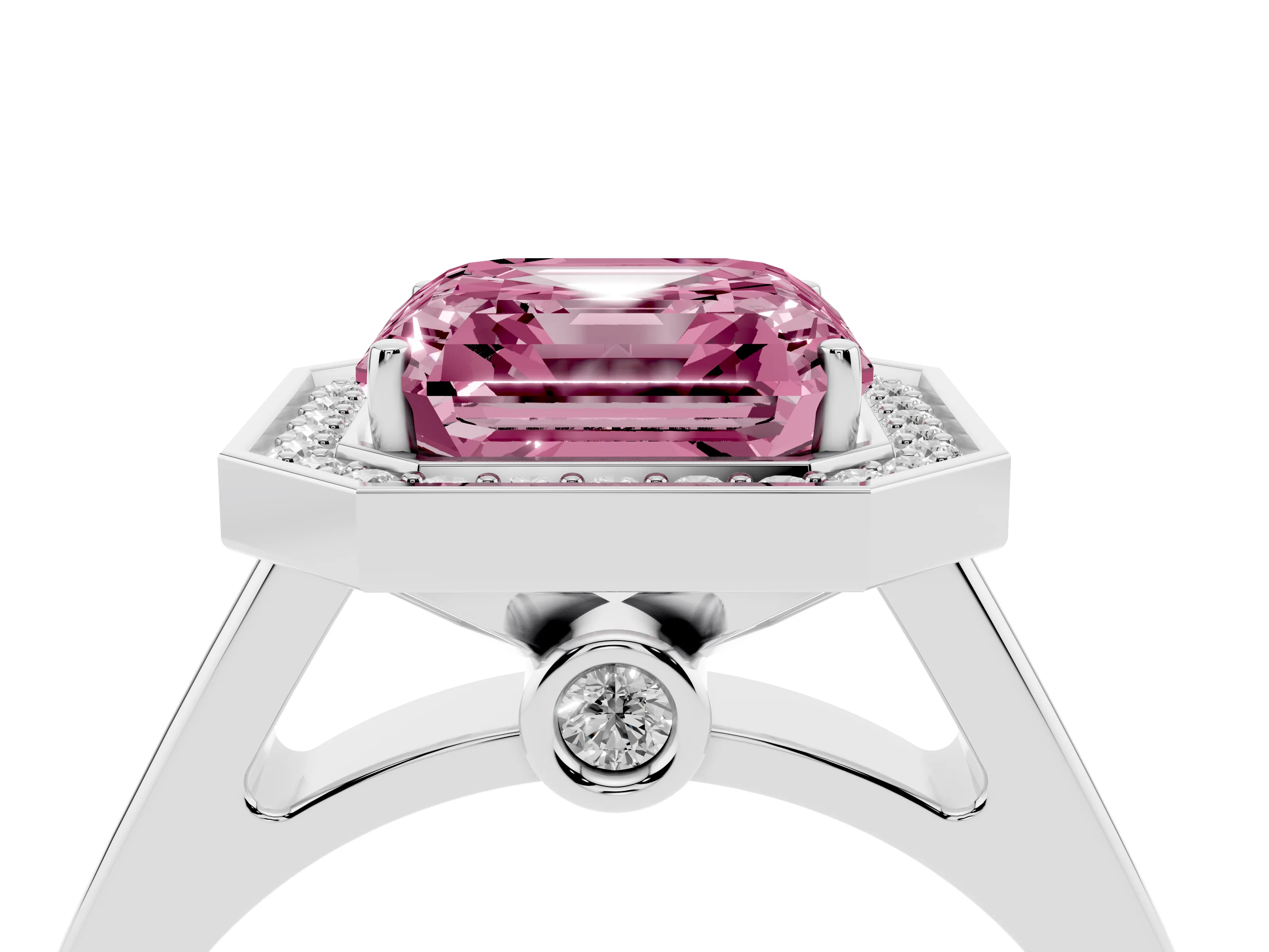 Fancy Pink Asscher Cut Diamond Halo Solitaire Ring Set in Platinum with Pavé Band and Bezel Setting