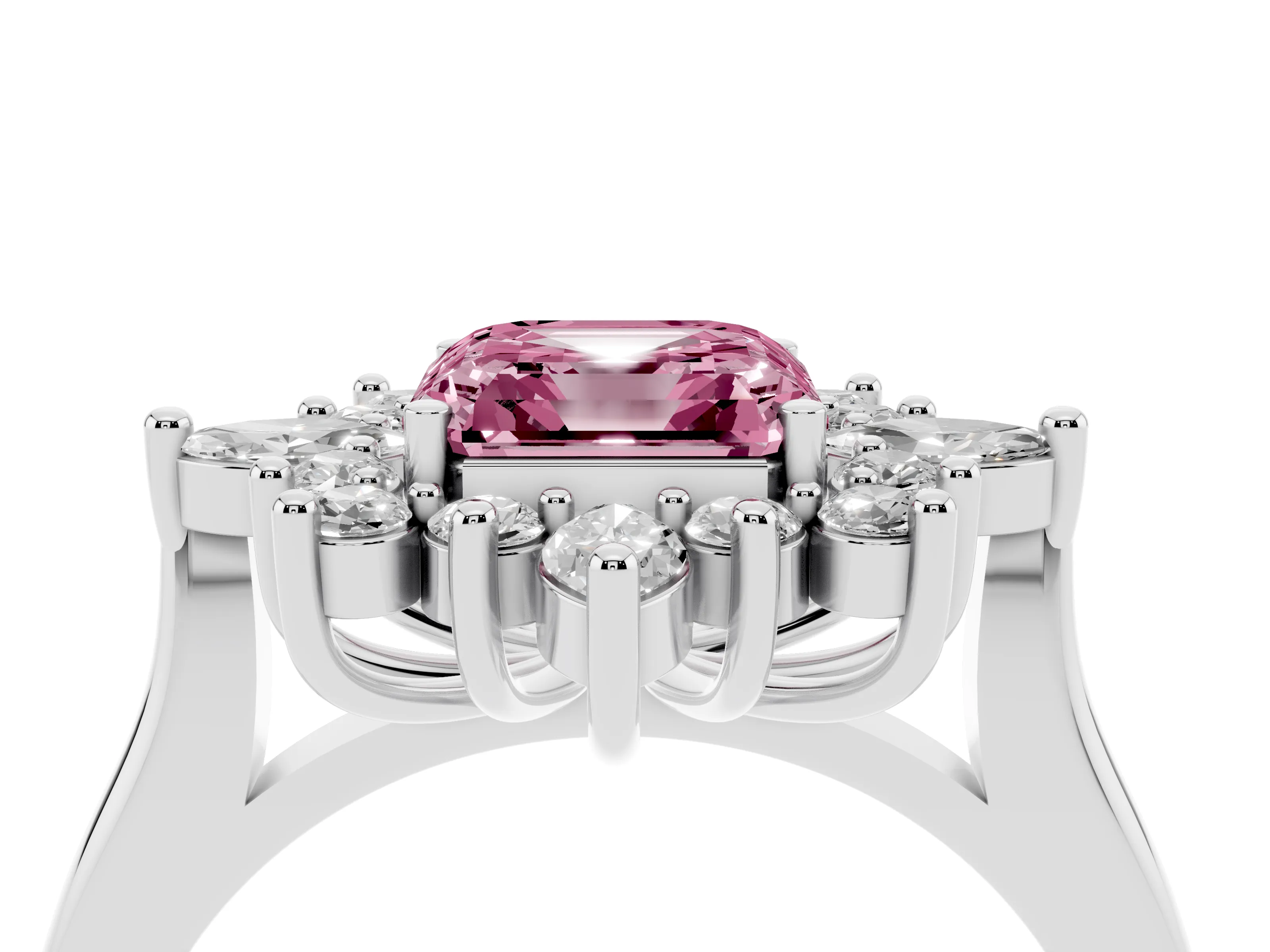 Fancy Pink Asscher Cut Diamond Cluster Halo Ring Set in Platinum with Marquise and Round Accents