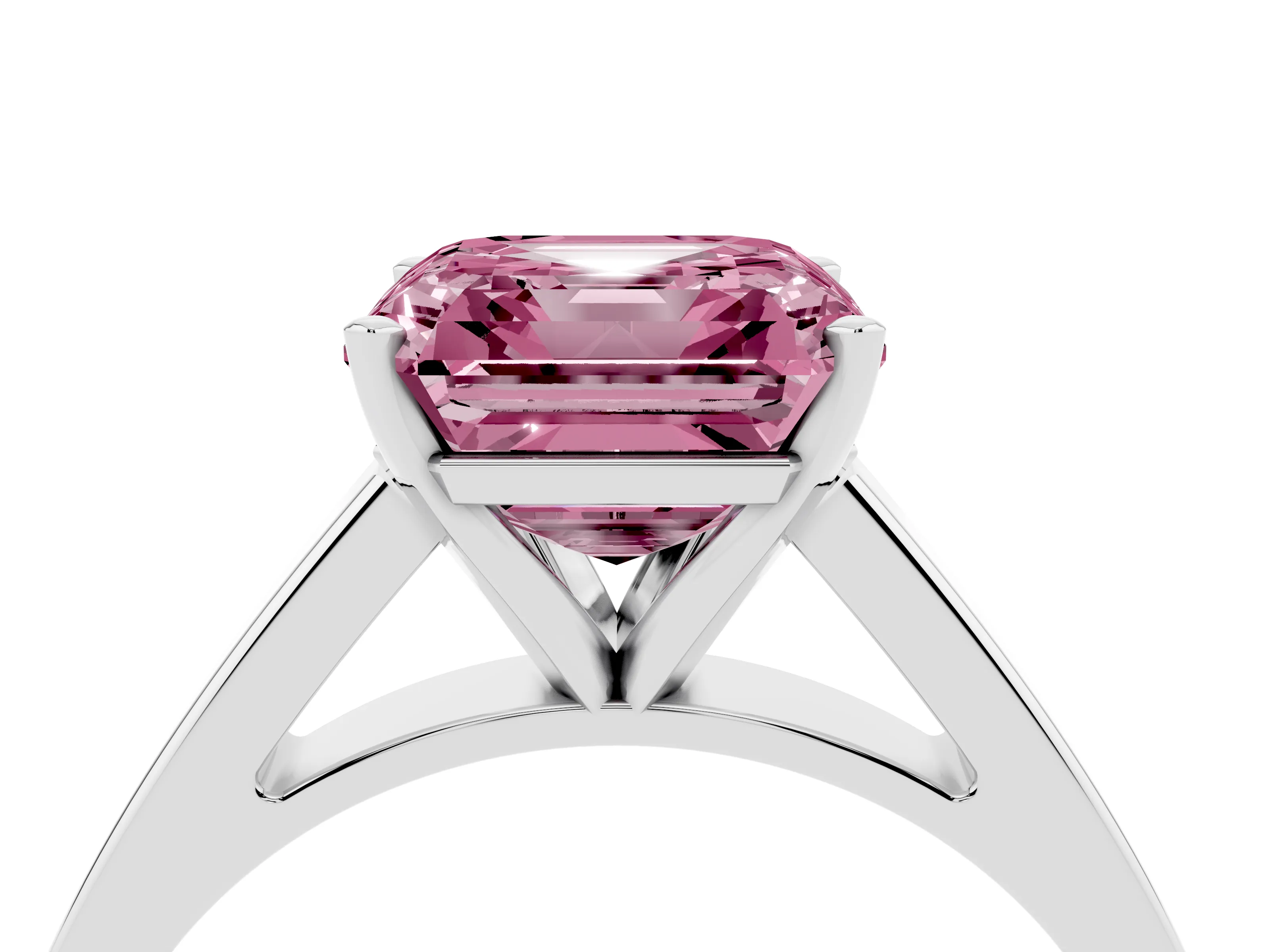 Fancy Pink Asscher Cut Diamond Solitaire Engagement Ring Set in White gold with Prong Setting and Tapered Band