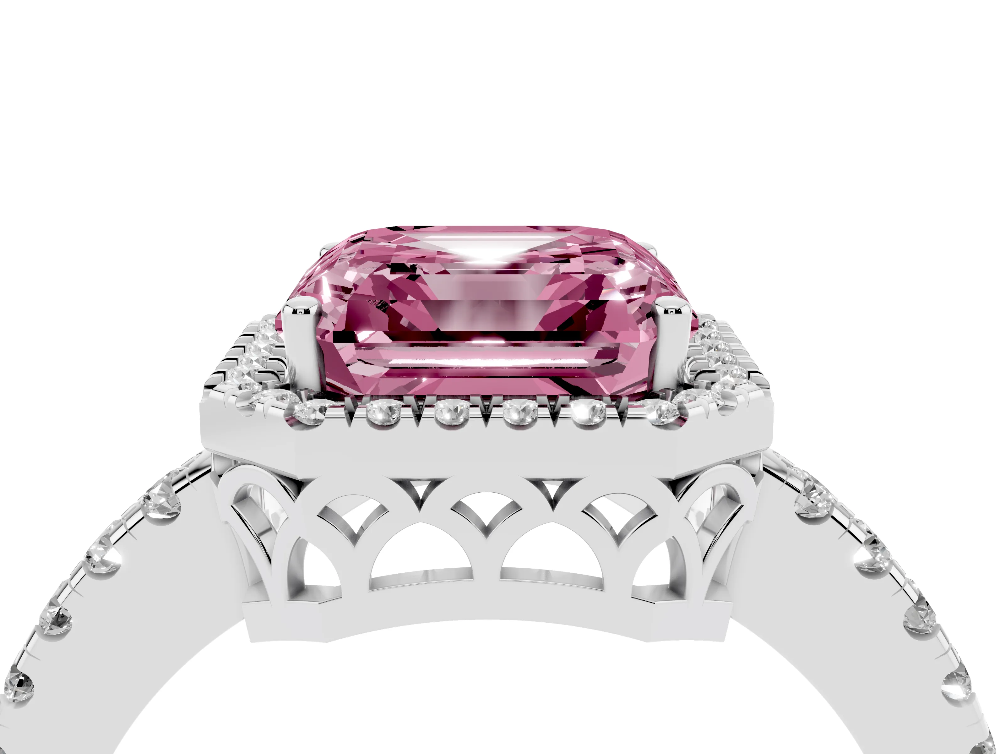 Fancy Pink Asscher Cut Diamond Pavé Band Halo Engagement Ring Set in White gold with Prong Setting