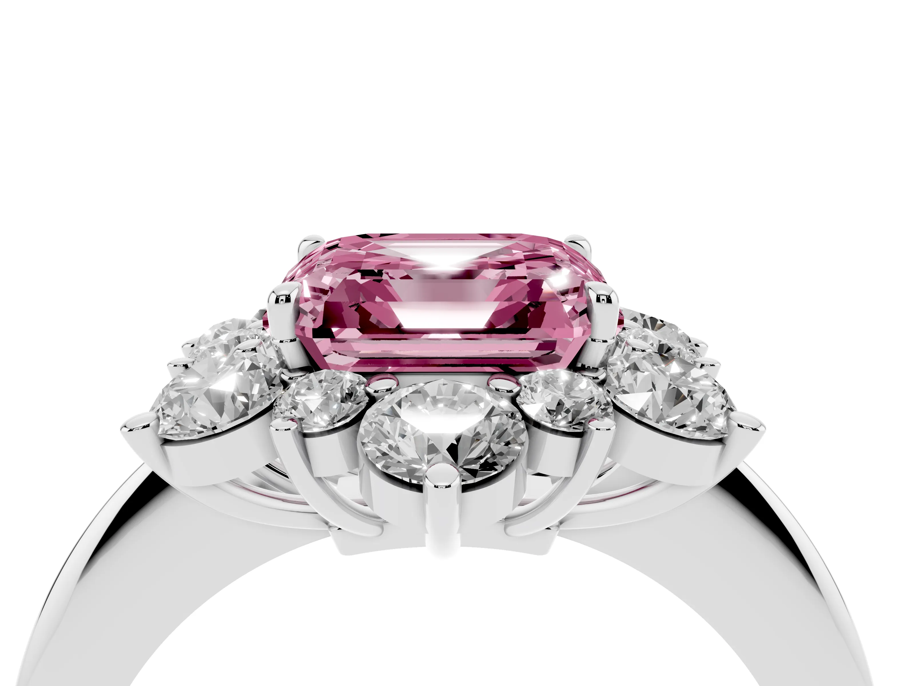 Fancy Pink Asscher Cut Diamond Cluster Halo Ring Set in Platinum with Solitaire Band and Prong Setting