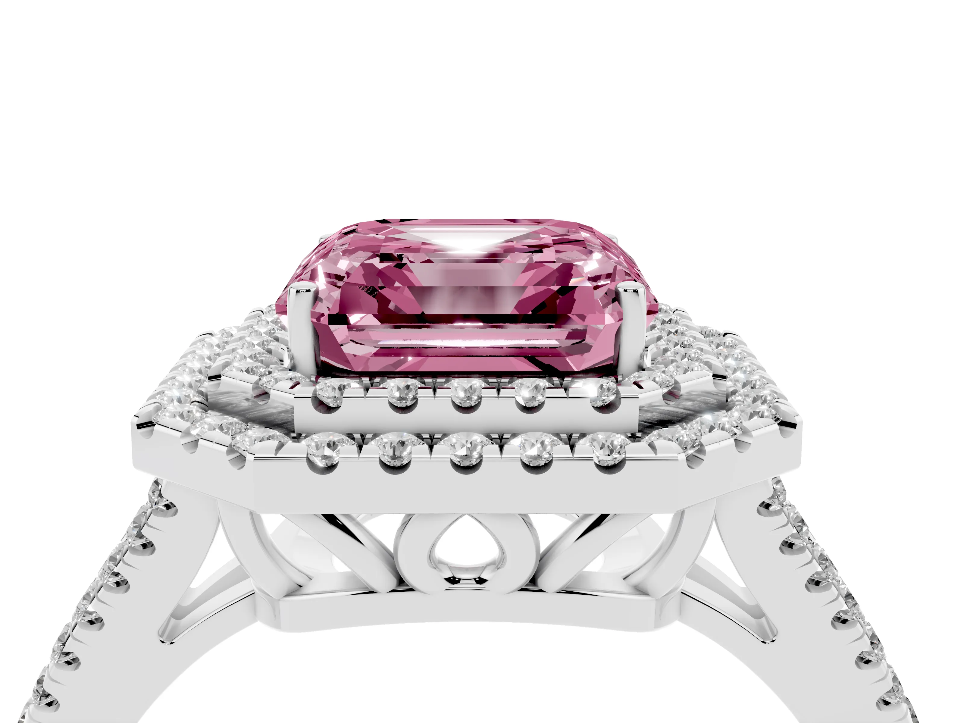 Fancy Pink Asscher Cut Diamond Double Halo Ring Set in Platinum with Pavé Band