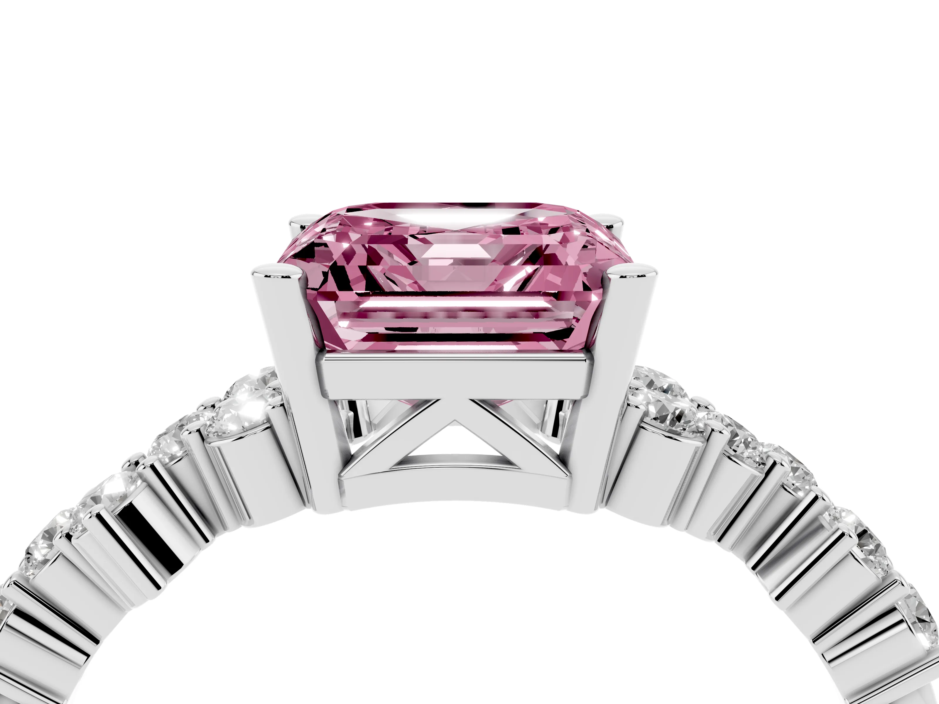 Fancy Pink Asscher Cut Diamond Ring Set in White gold with Scattered Round Accents