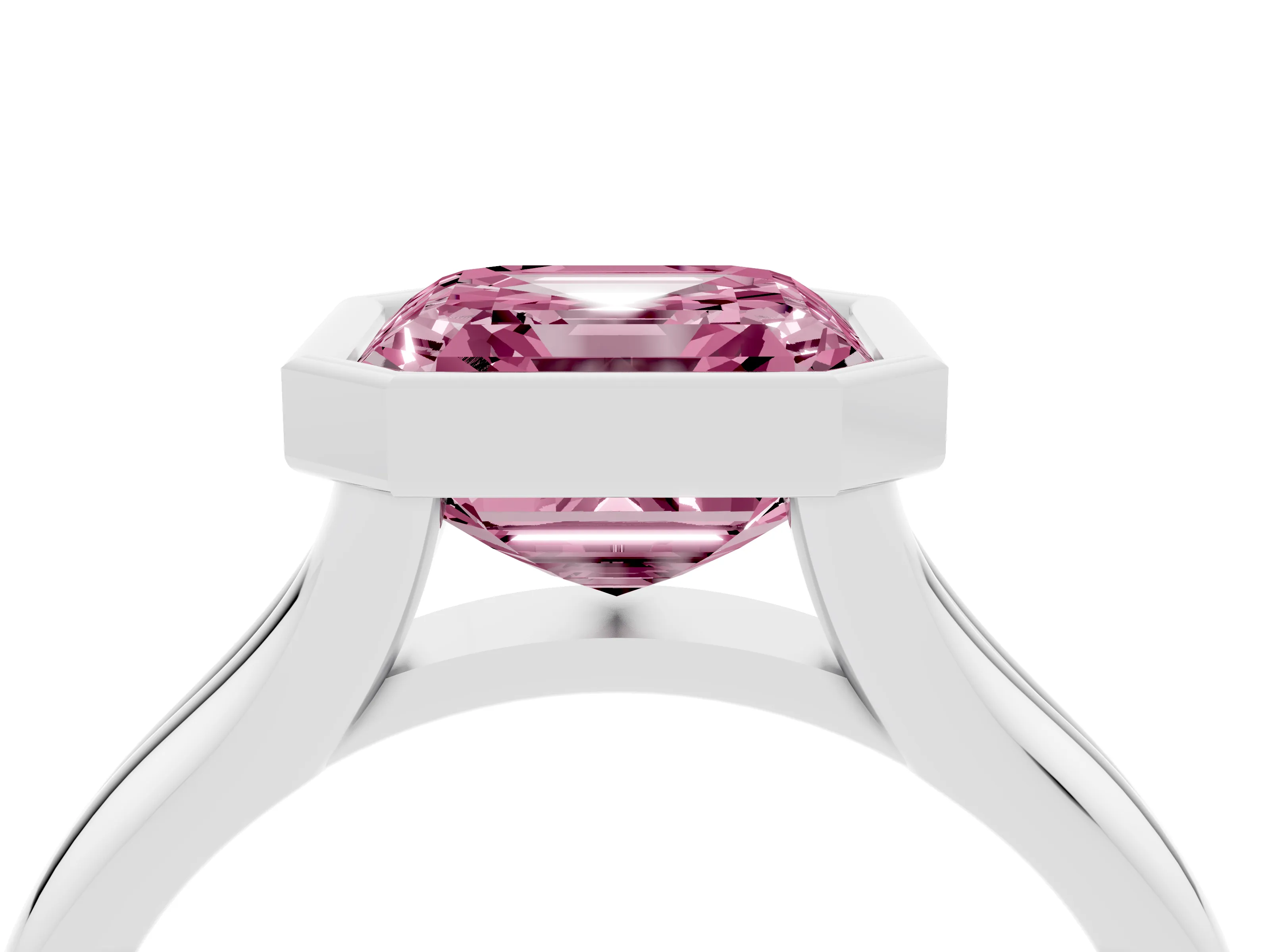 Fancy Pink Bezel Set Asscher Cut Diamond Solitaire Ring Set in Silver with Smooth Band
