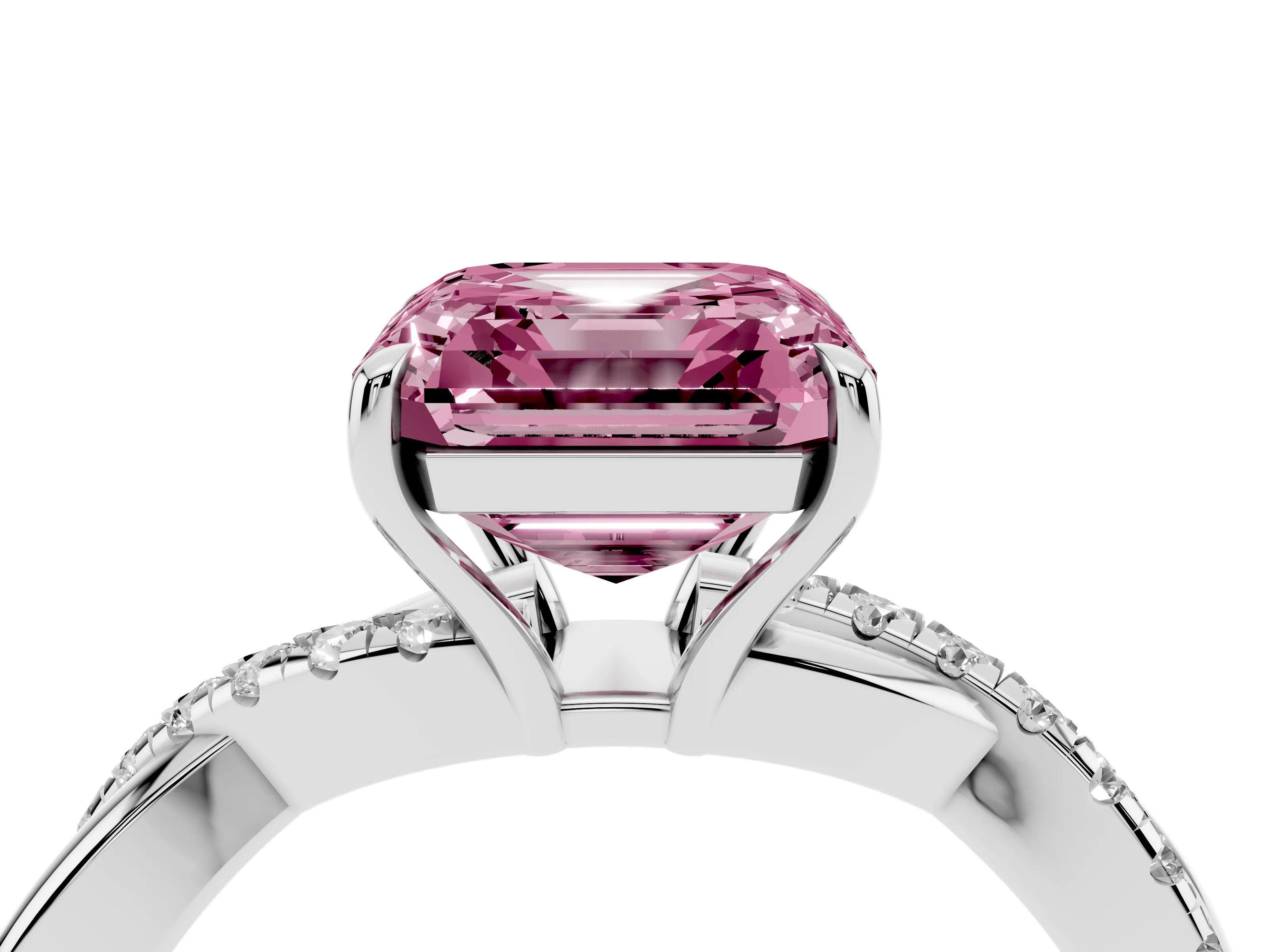 Fancy Pink Asscher Cut Diamond Twisted Pavé Band Ring Set in White gold with Prong Setting