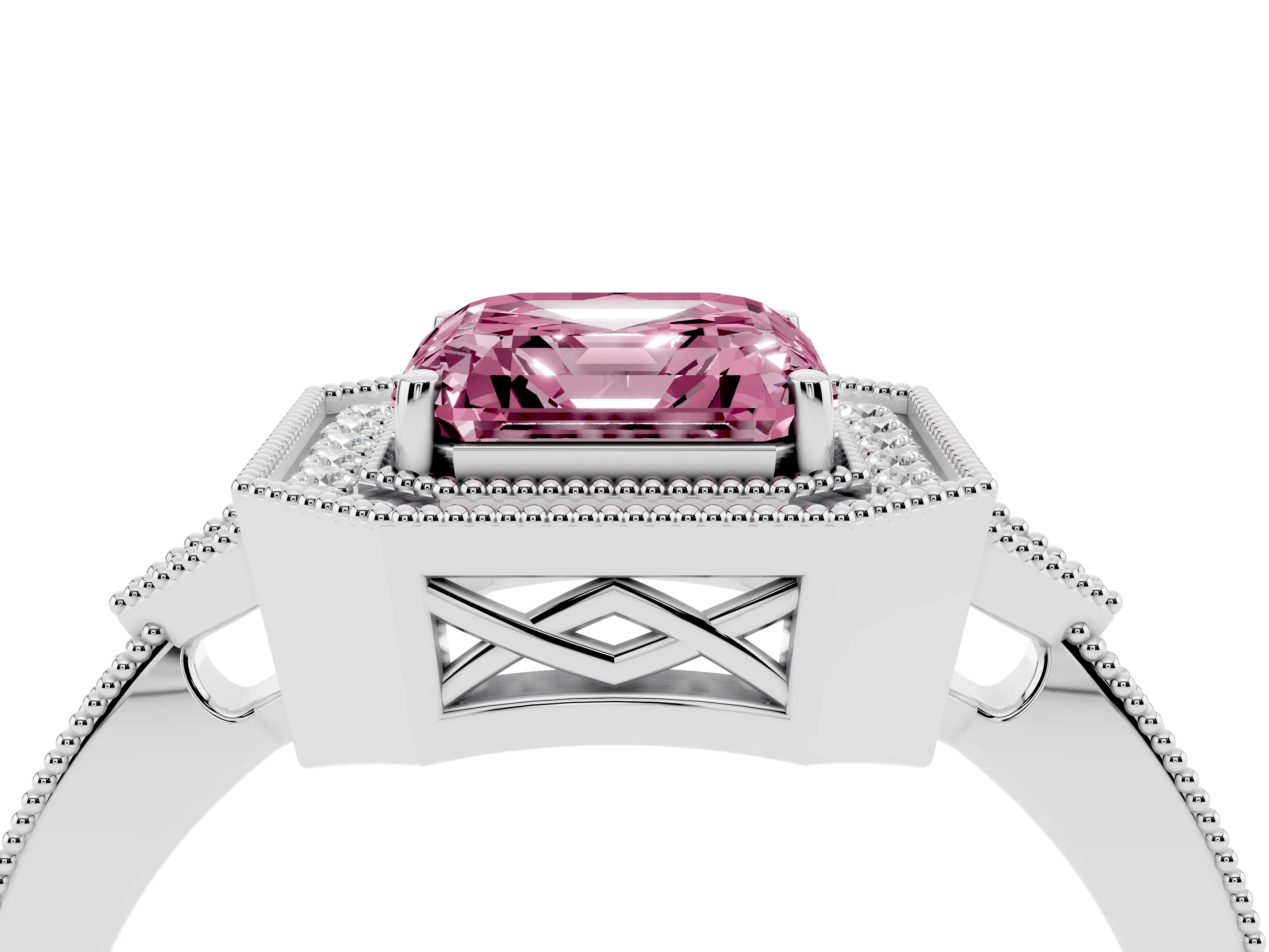 Fancy Pink Asscher Cut Diamond Halo Engagement Ring Set in White gold with Milgrain Pavé Band