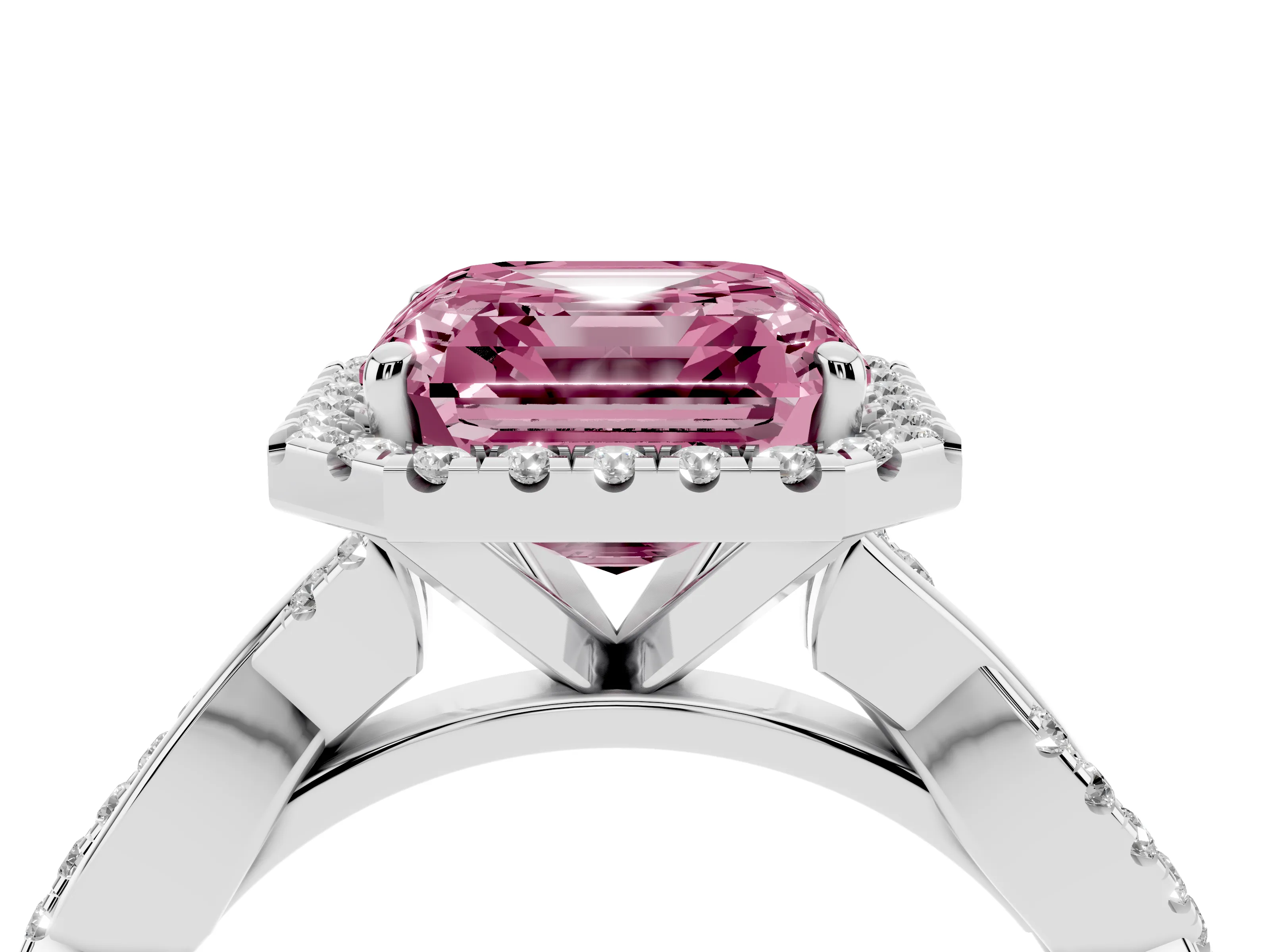 Fancy Pink Asscher Cut Diamond Halo Twisted Band Ring Set in Silver with Prong Setting