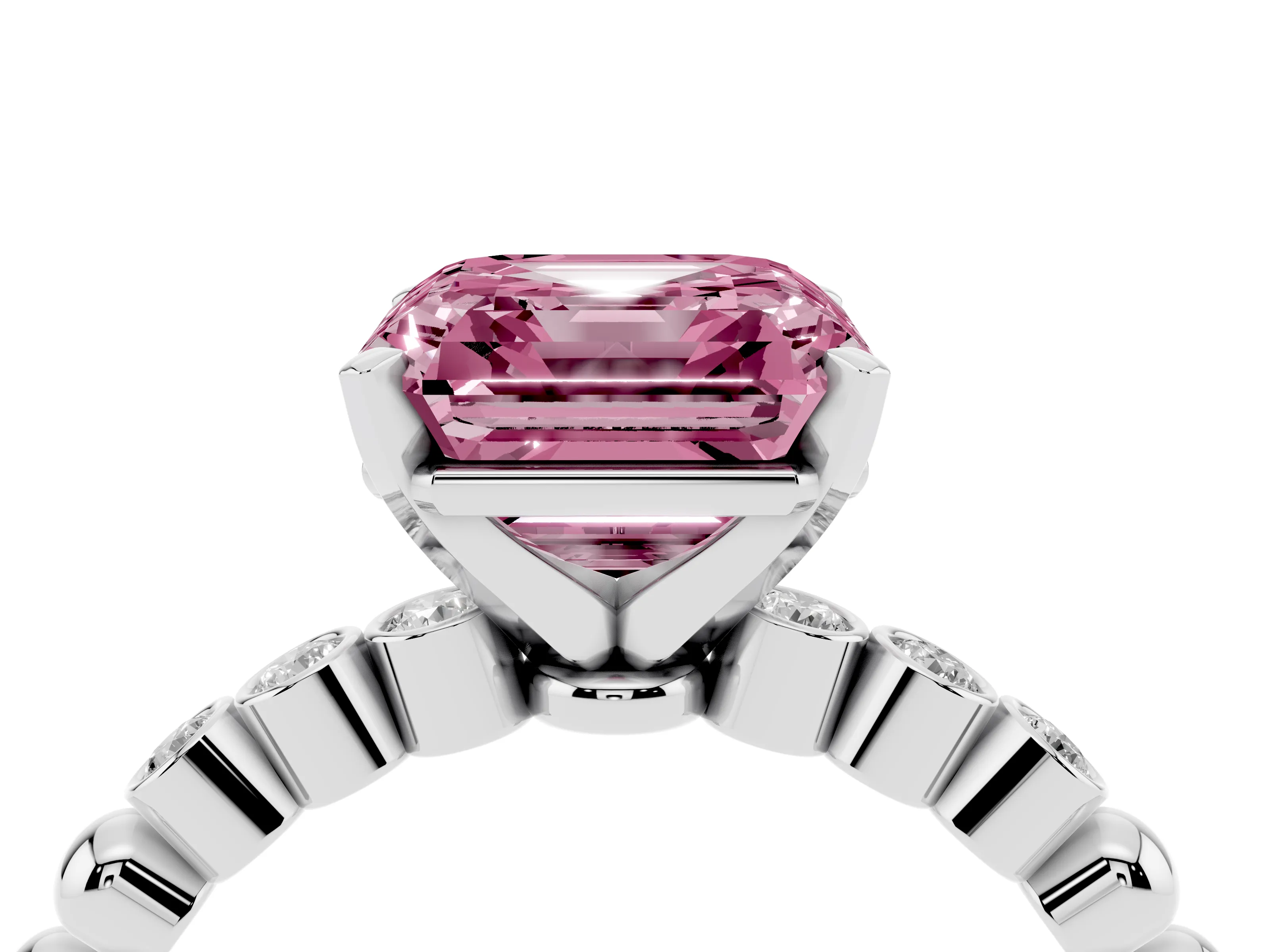 Fancy Pink Asscher Cut Diamond Solitaire Engagement Ring Set in Platinum with Bezel Accents on Beaded Band