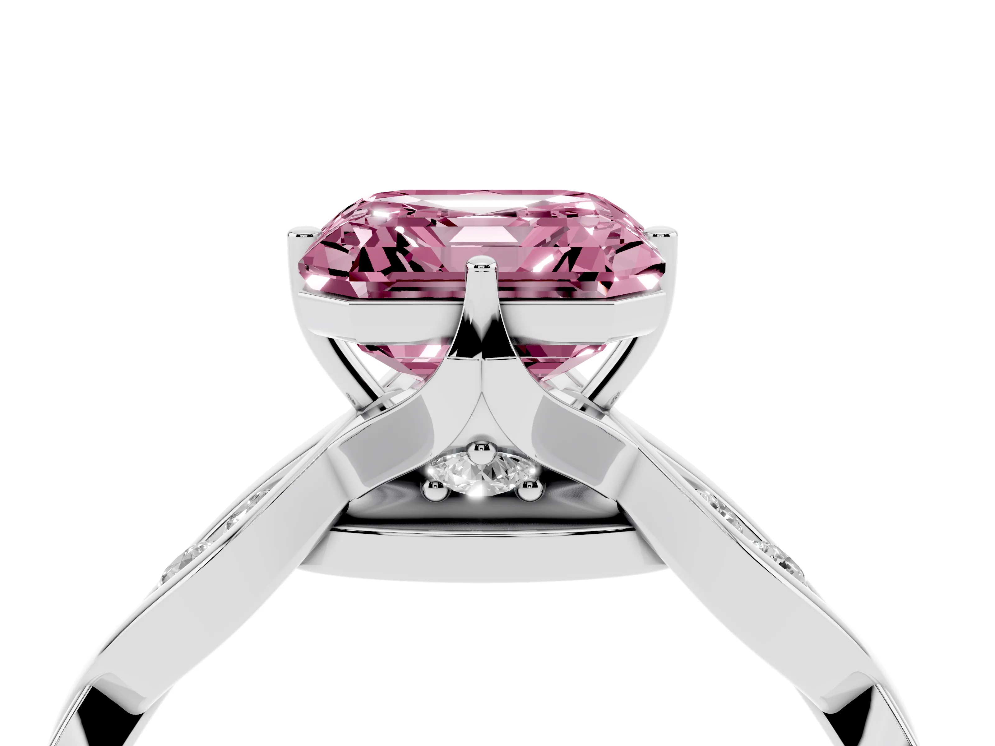 Fancy Pink Asscher Cut Diamond Twist Band Solitaire Ring Set in Platinum with Leaf Prong Setting and Accent Stones