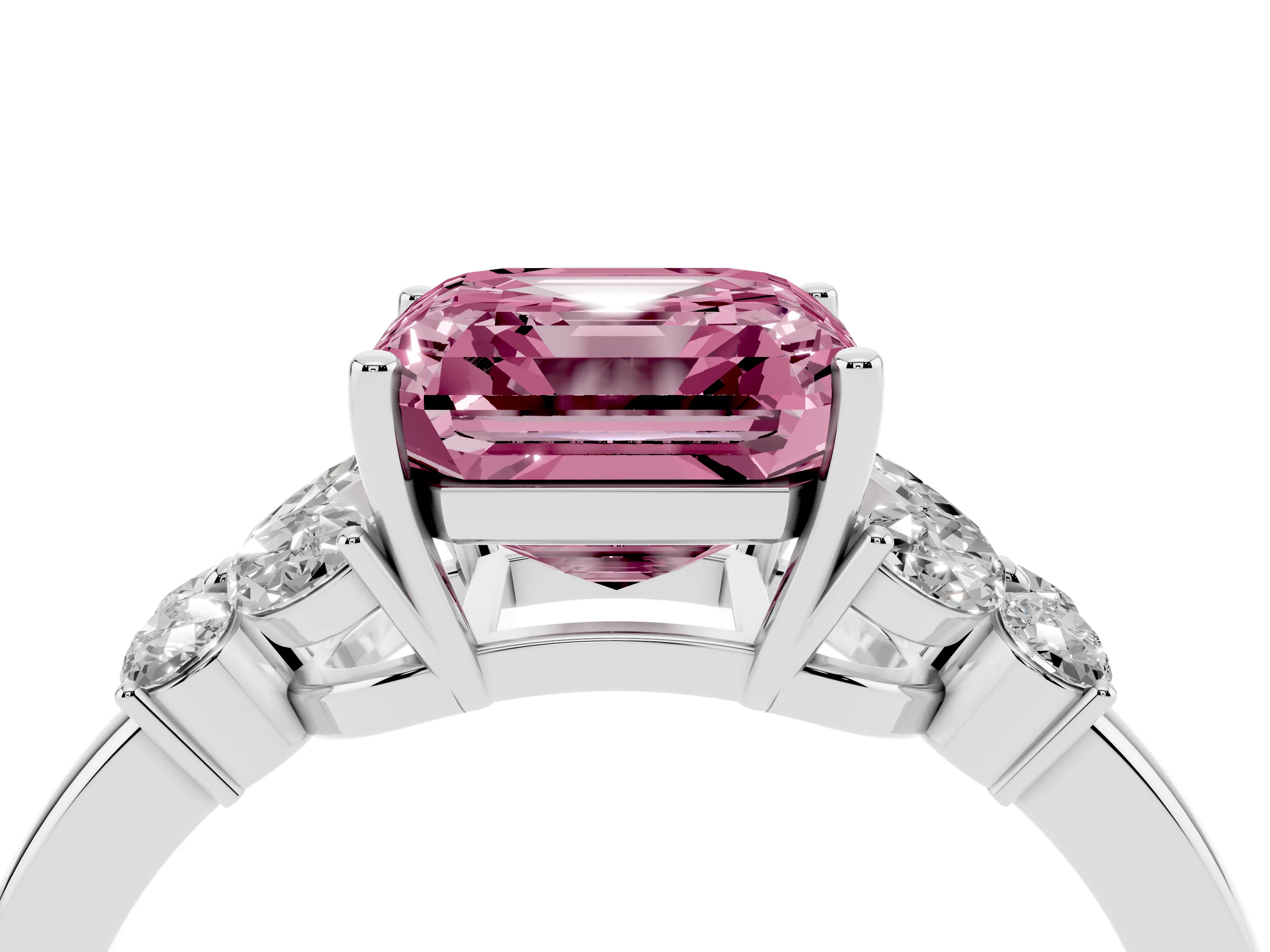 Fancy Pink Asscher Cut Diamond Solitaire Floral Ring Set in White gold with Marquise Petals and Prong Setting