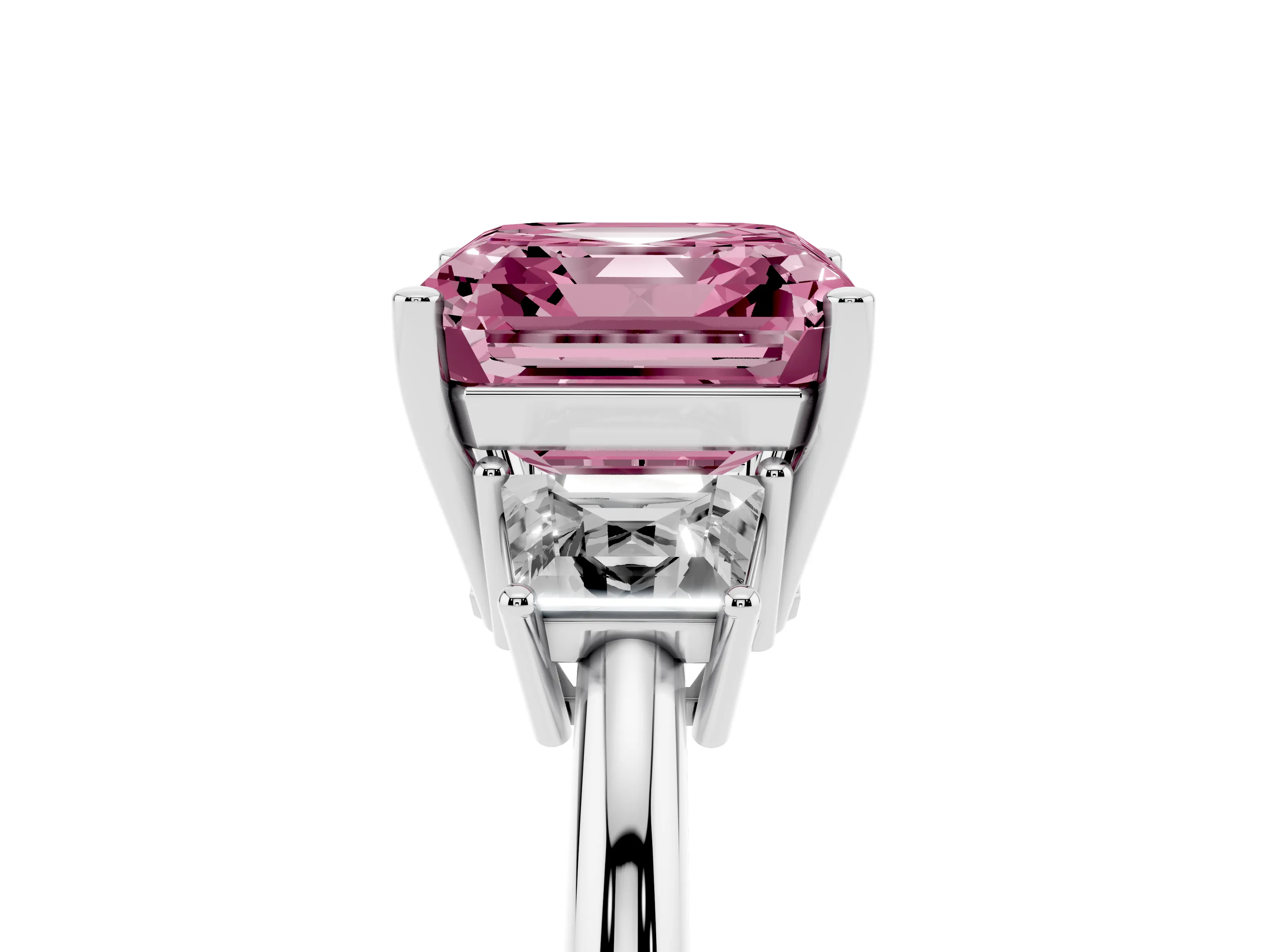 Fancy Pink Asscher Cut Diamond Three-Stone Ring Set in White gold with Trapezoid Side Stones and Prong Setting