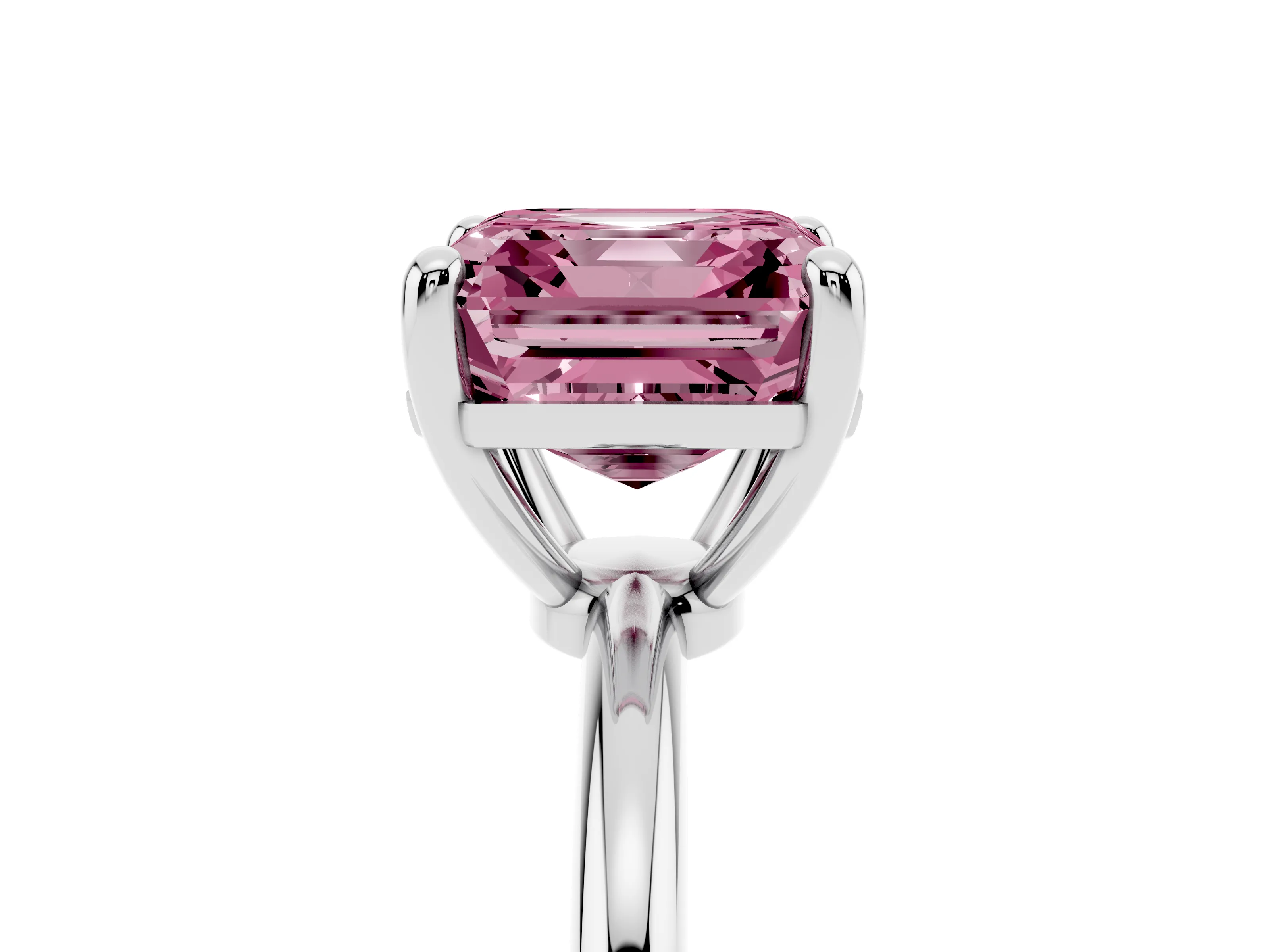 Fancy Pink Asscher Cut Diamond Solitaire Ring Set in Platinum with Secure Prong Setting on a Classic Band