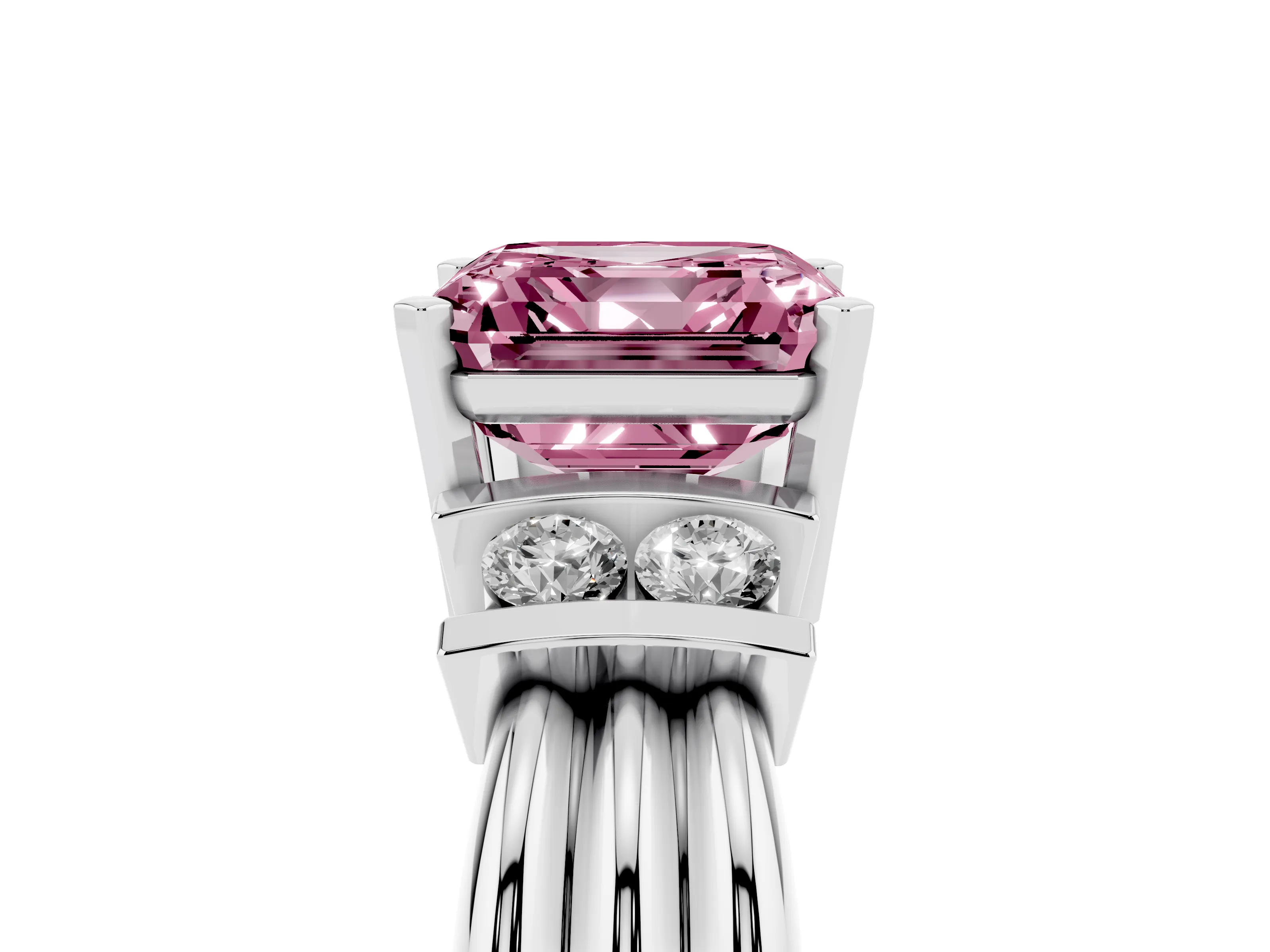 Fancy Pink Three-Stone Asscher Cut Diamond Channel Set Ring Set in Silver with Bar Prongs