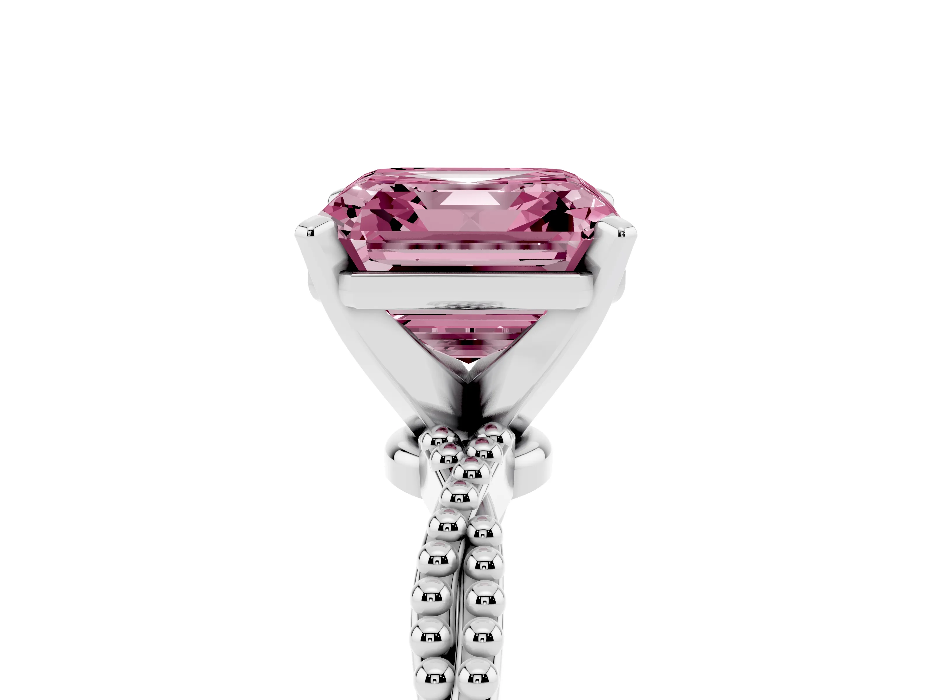 Fancy Pink Asscher Cut Diamond Solitaire Ring Set in White gold with Twisted Band and Bead Prong Setting