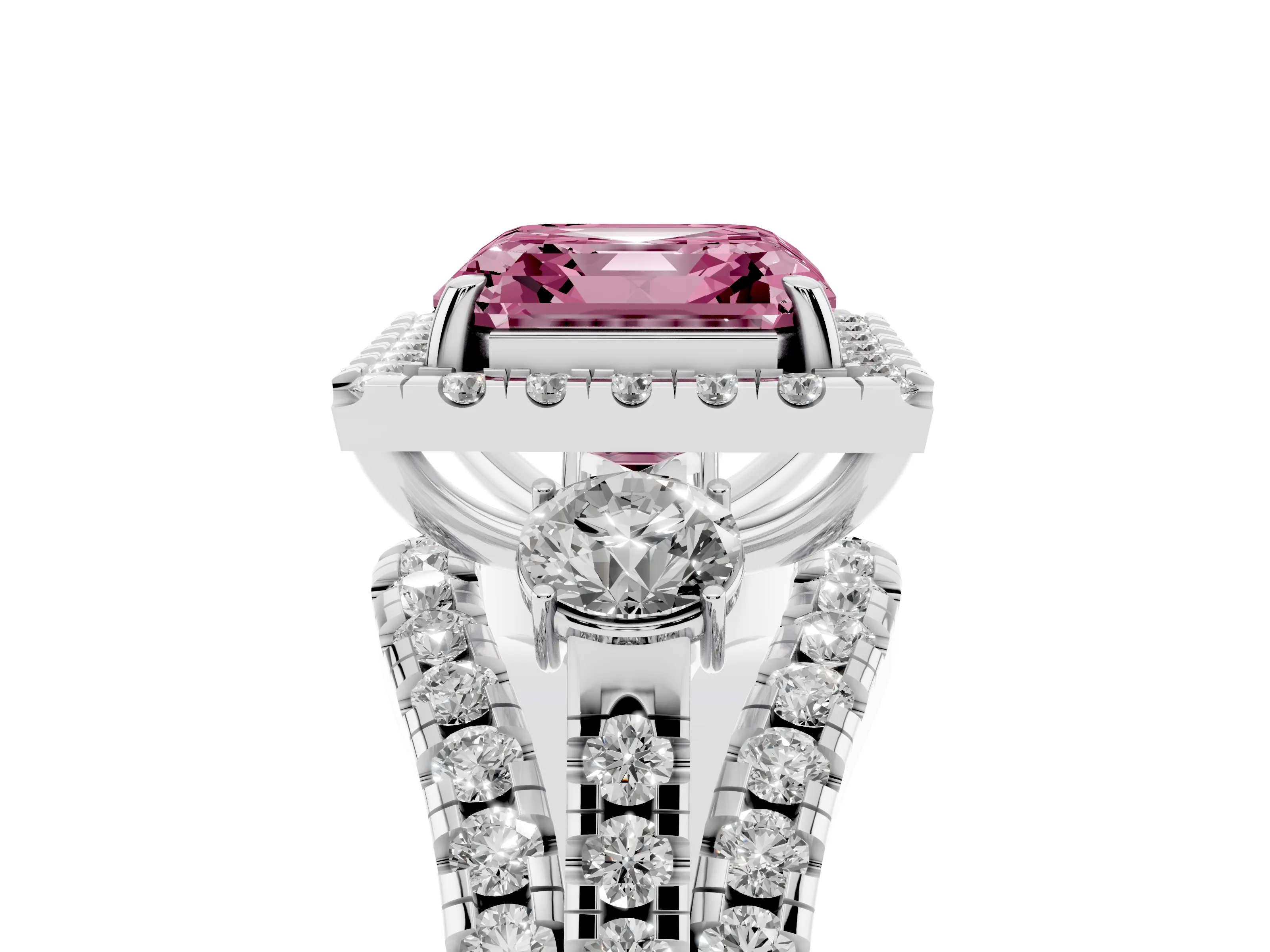 Fancy Pink Asscher Cut Diamond Halo Split Shank Ring Set in White gold with Round Accent Stones and Prong Setting