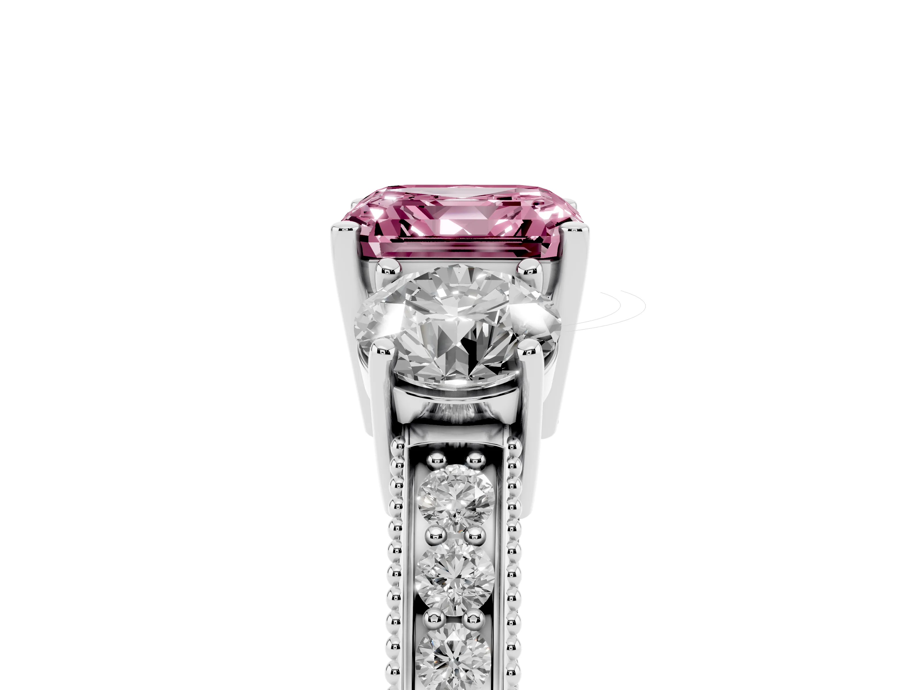 Fancy Pink Asscher Cut Diamond Three-Stone Ring Set in Platinum with Round Side Stones and Pavé Band
