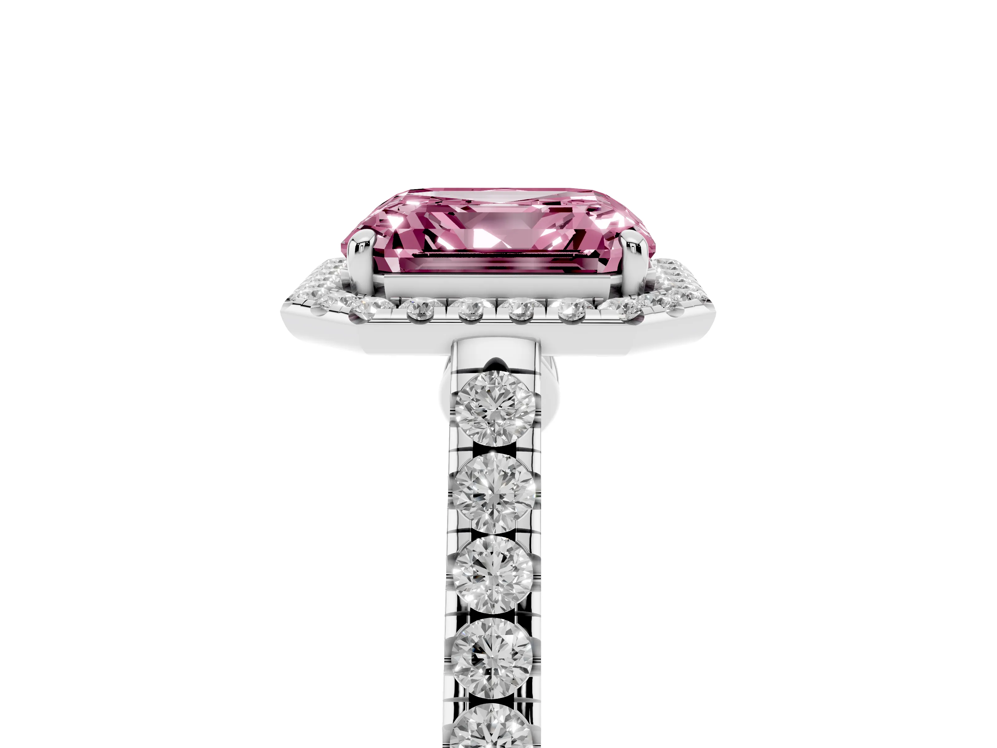 Fancy Pink Asscher Cut Diamond Halo Pavé Engagement Ring Set in White gold with Prong Setting