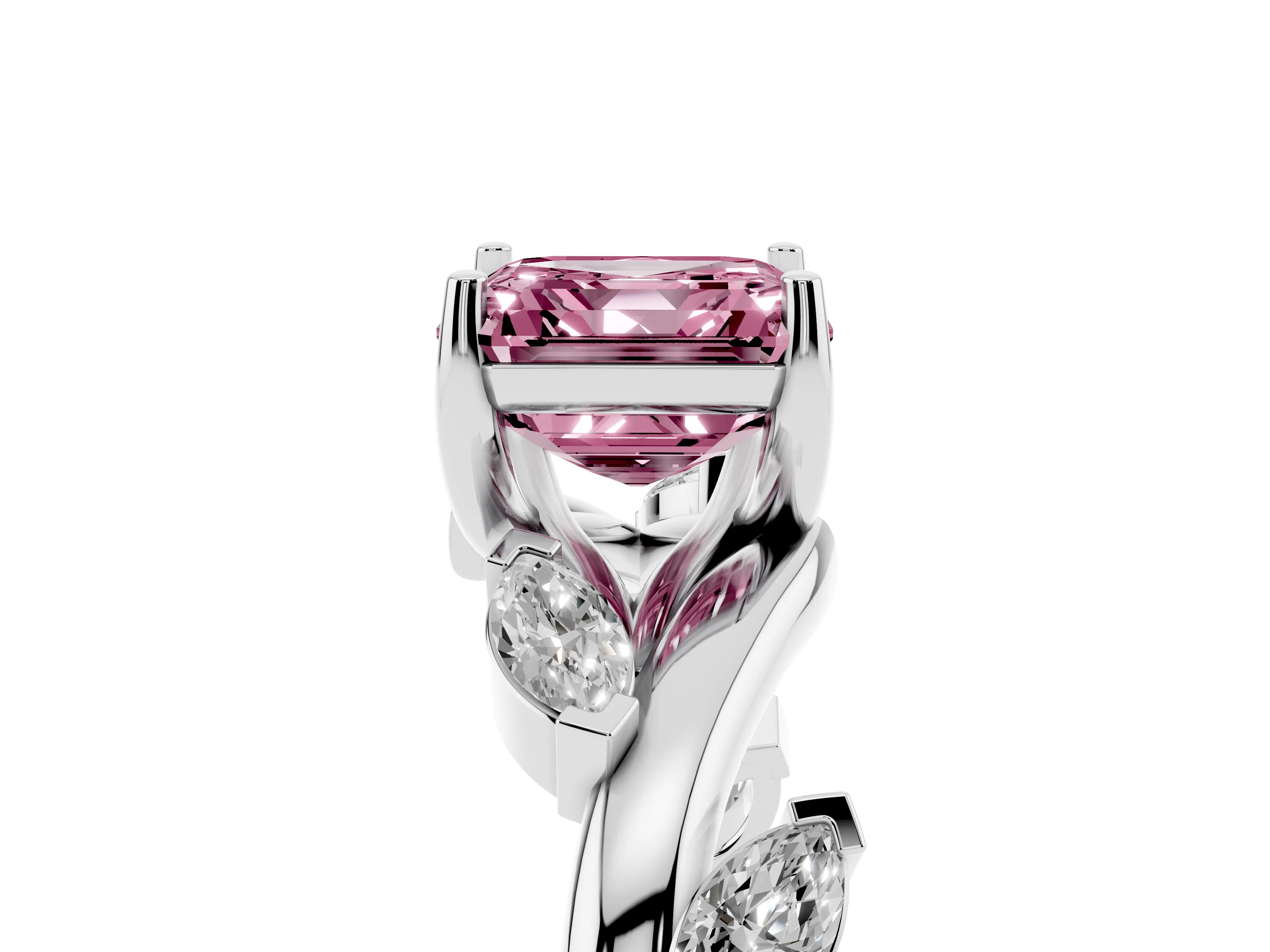 Fancy Pink Asscher Cut Diamond Solitaire Ring Set in White gold with Twisted Marquise Accent Band