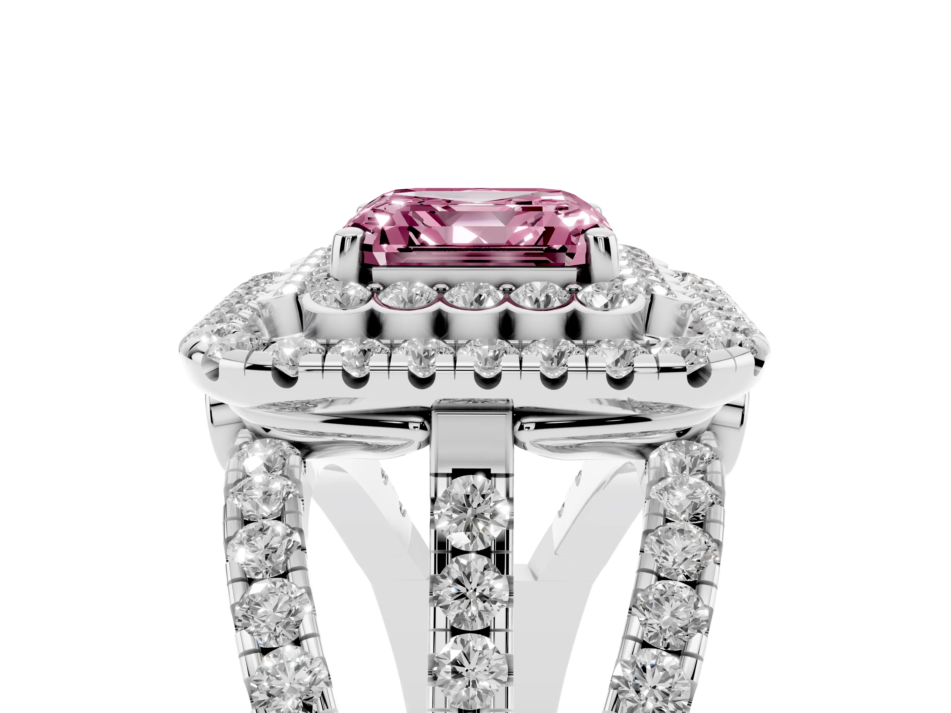 Fancy Pink Asscher Cut Diamond Double Halo Ring Set in White gold with Round Pavé Split Shank
