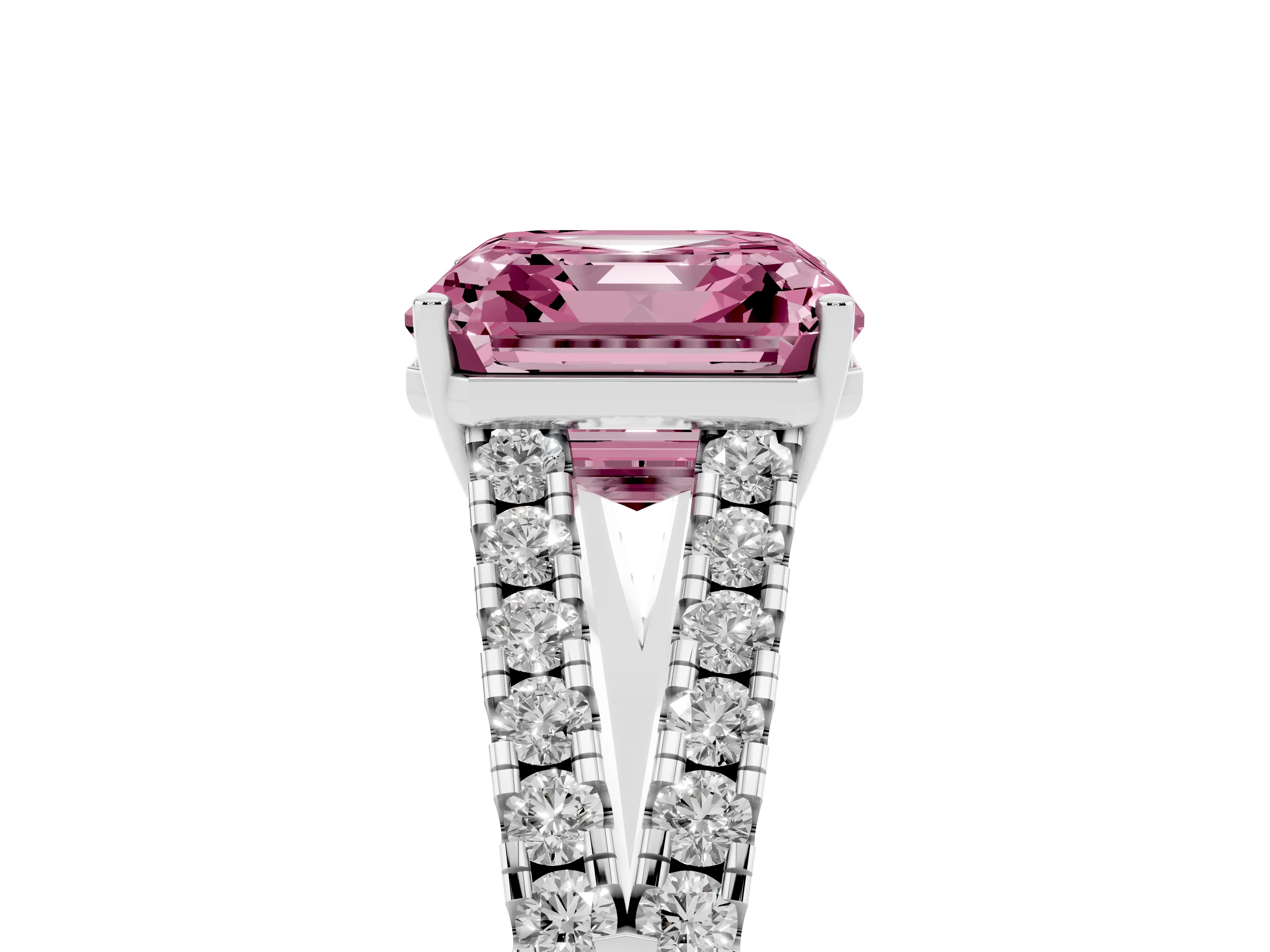 Fancy Pink Asscher Cut Diamond Split Shank Engagement Ring Set in Silver with Round Pavé and Prong Setting