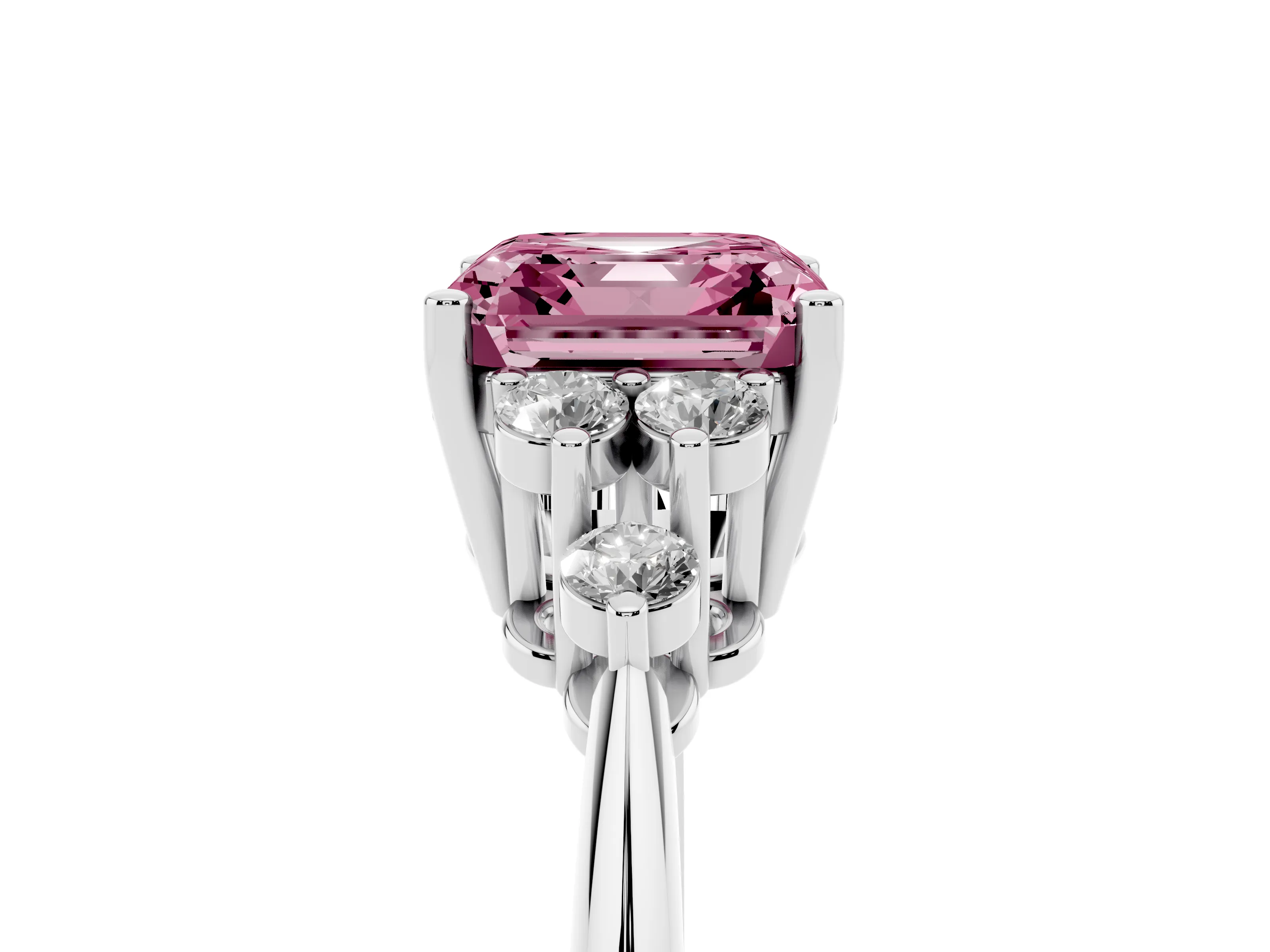 Fancy Pink Asscher Cut Diamond Cluster Ring Set in White gold with Plain Band and Prong Setting